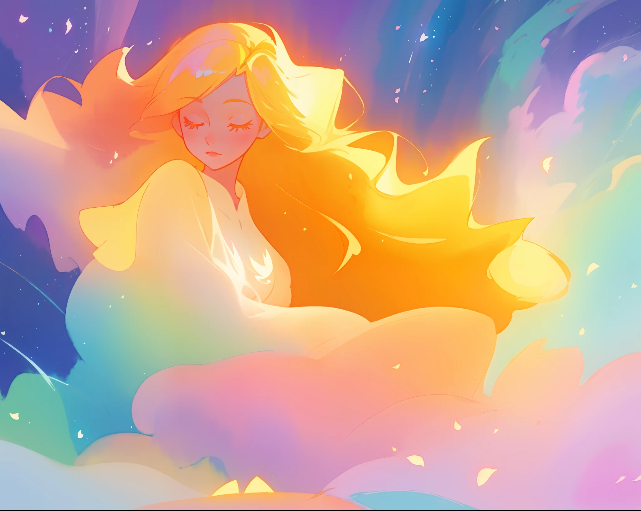 beautiful girl in flowing multi-layered dress, fairy dress, long golden hair, watercolor illustration, inspired by Glen Keane, inspired by Lois van Baarle, disney art style, by Lois van Baarle, glowing aura around her, by Glen Keane, jen bartel, glowing lights! digital painting, flowing glowing hair, glowing flowing hair, beautiful digital illustration, fantasia otherworldly landscape plants flowers, beautiful, masterpiece, best quality, anime disney style
