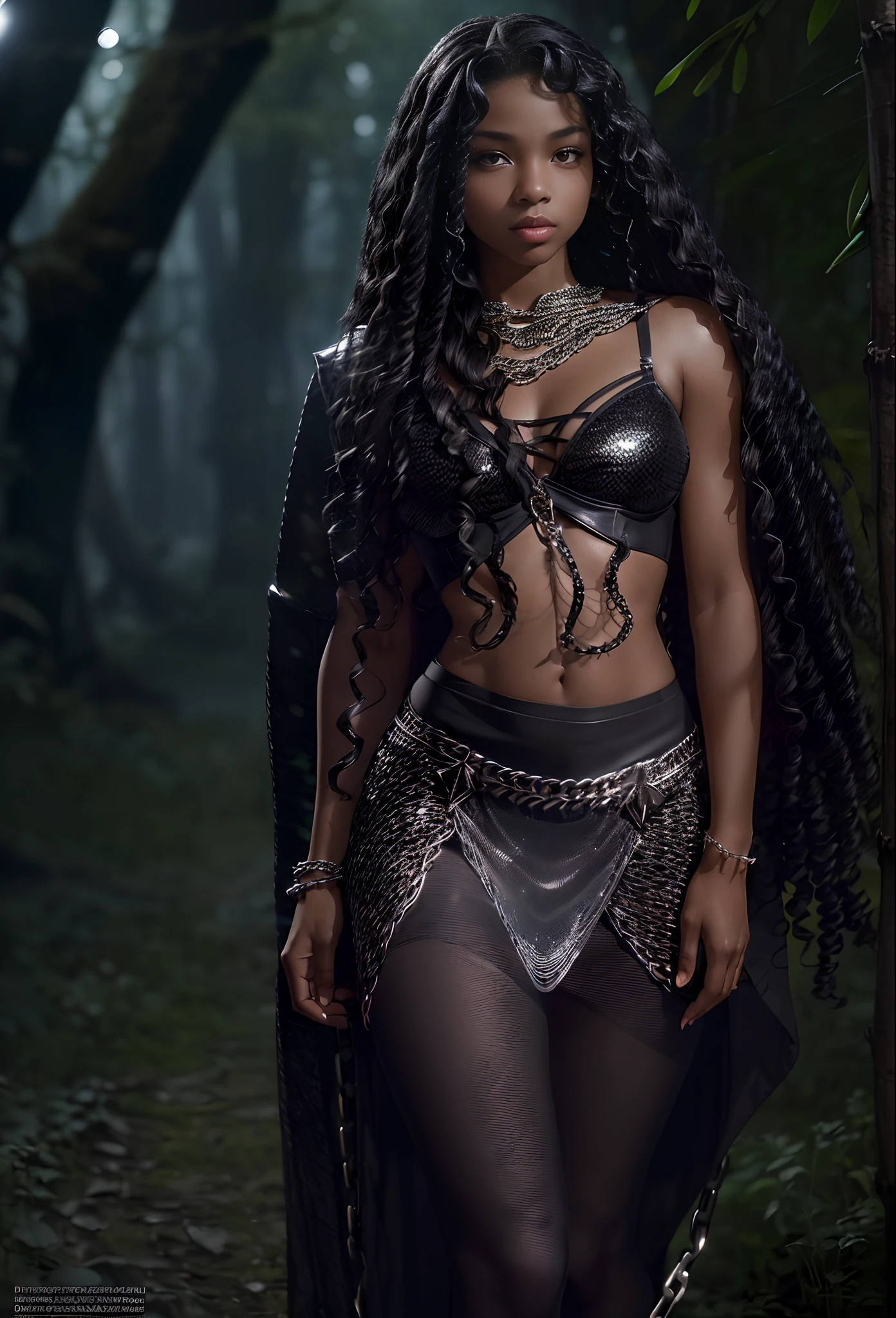 ((-yeld)))lack girl, (((light skin))), (((full body pose))),  (((long curly black hair))), (((wearing tight chainmail micromini skirt, chainmail bra, open front cloak))), (((seamless, black, pantyhose))), standing in the dark woods at night, moonlight shining through the dense canopy, dark castle in the background, dark fantasy, Rich, Deep Colours, (intricate details:0.9), (HDR, hyper-detailing:1.2), (natural skin textures, hyper realisitc, glistening skin, soft light, Sharp),