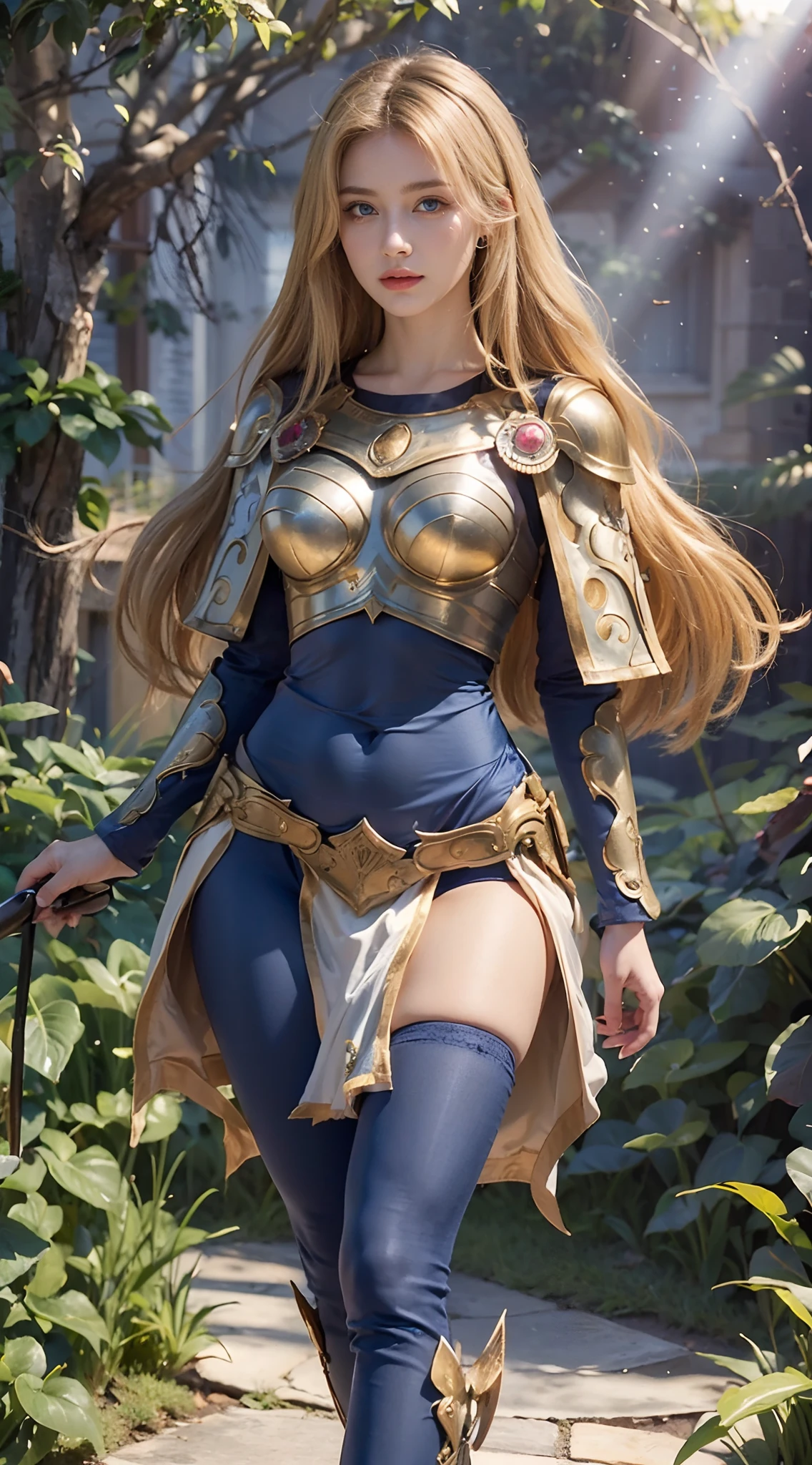 (Numerous award-winning masterpieces, with incredible details), ((Extremely beautifull face)), (extremely detailed realistic face features), (beutiful blue eyes), ((finely detailed true circle Symmetrical blue eyes)), (She has a meloncholic face), (A majestic sight), long golden hair, (big breasts: 1.8), anatomic, (big brests: 1.8), small wraist with big hips, medieval woman's light armor, golden hair, blonde long hair