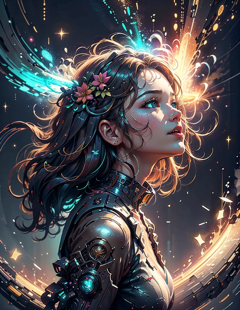 Girl standing in the clouds staring up as the stars, stars floating around her, brilliant colors, amazing swirls of cosmic dust, colorful vibrant, light particles, Create digital artwork in the Pop Art style, Featuring a vibrant and confident young Asian girl,street fashion (breast), Movie color scheme, Surrounded by vintage flower motifs, Vibrant brushstrokes,Emotions should be dynamic, Upper body, Drawing, illustration, 8k cinematic, golden ratio, golden hour, light particles, vibrant swirls, galaxy, universe abound