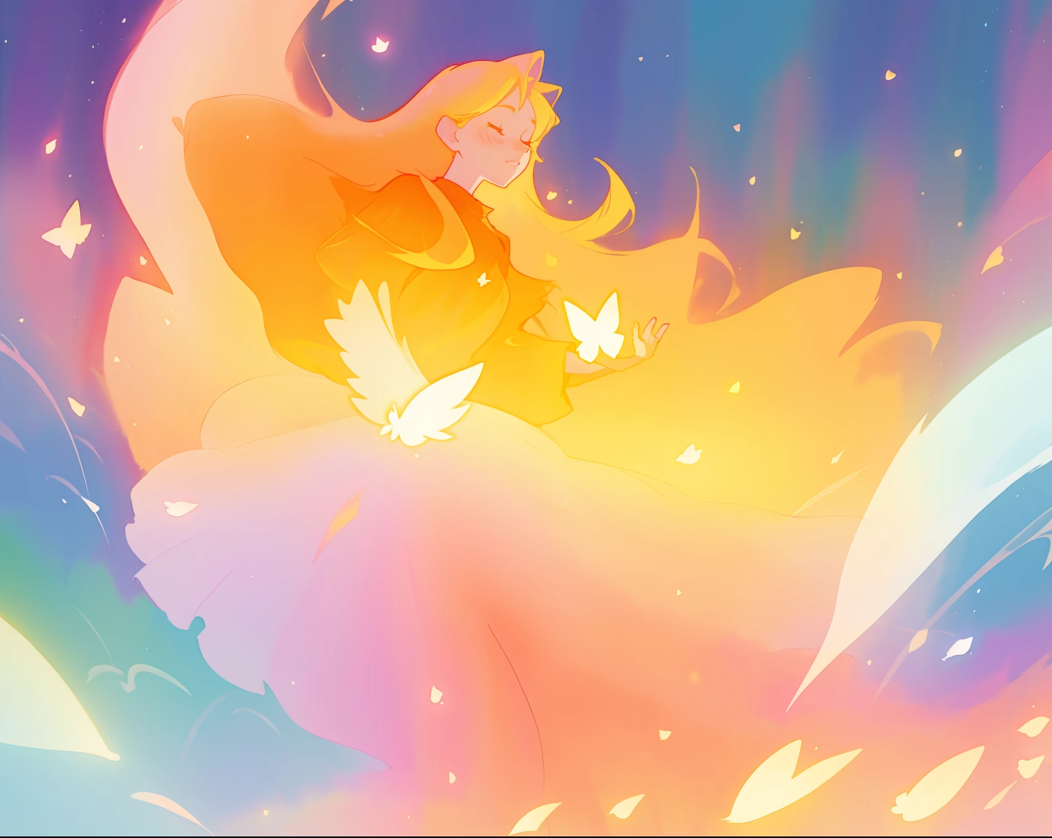 beautiful girl in flowing multi-layered dress, fairy dress, long golden hair, watercolor illustration, inspired by Glen Keane, inspired by Lois van Baarle, disney art style, by Lois van Baarle, glowing aura around her, by Glen Keane, jen bartel, glowing lights! digital painting, flowing glowing hair, glowing flowing hair, beautiful digital illustration, fantasia otherworldly landscape plants flowers, beautiful, masterpiece, best quality, anime disney style