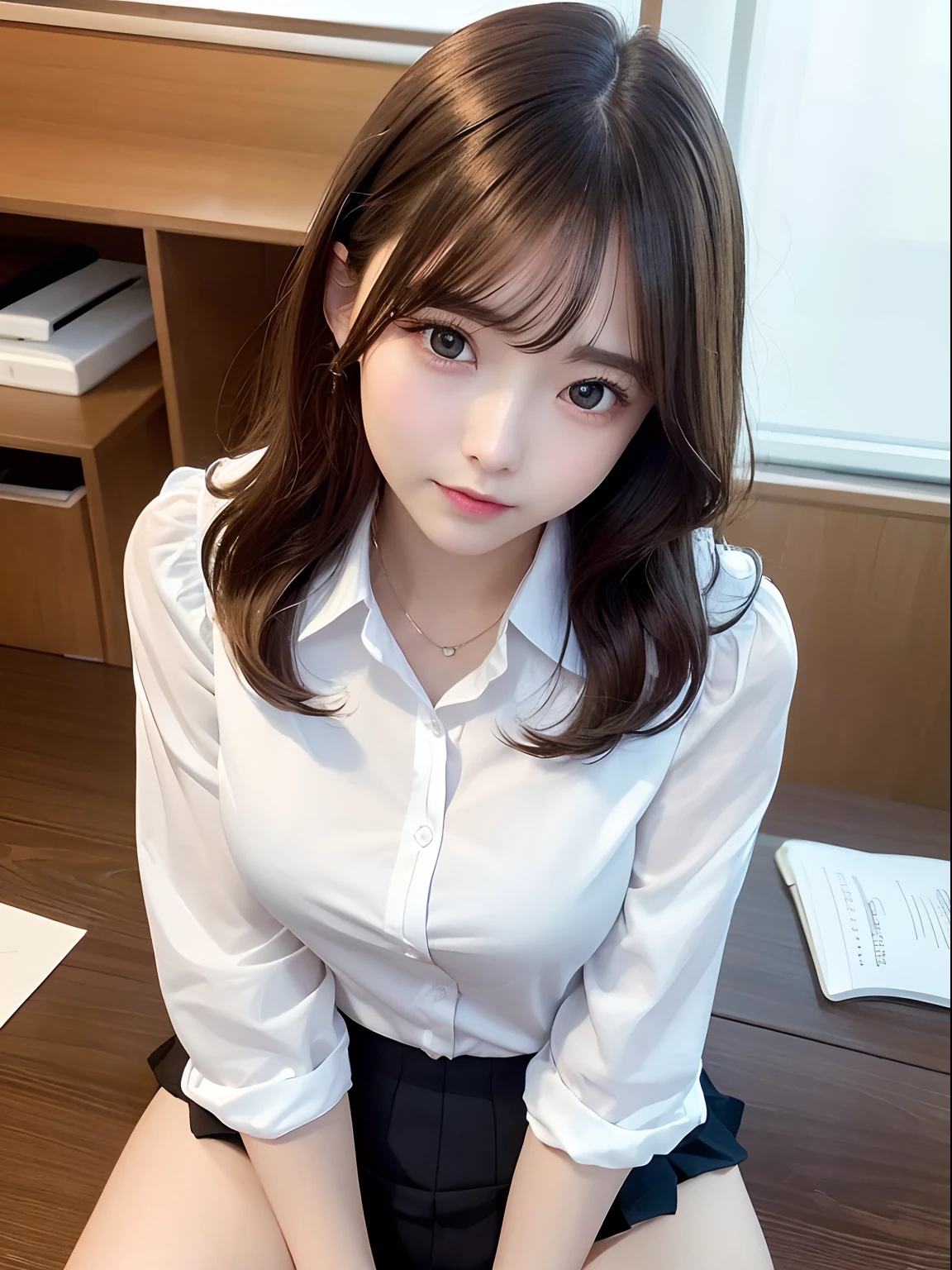 top-quality、hight resolution、ultra-detailliert、​masterpiece、Raw photography、realisitic、Photorealsitic、extremely delicate and beautiful、finely detail、Textured skin、upperbody、(in office)、1 woman、japanese、22year old、(((office lady)))(wearing office lady uniform)、upskirt and Showing white panties,detailed panties,detailed frilled panties showing,(((sitting on the desk and spreading her legs))), suits style、tall、Brown hair、wavy hair,short hair,Wearing makeup、(Bare legs:1.5)、perfectly proportions,focus her panties,night time, filled darkness