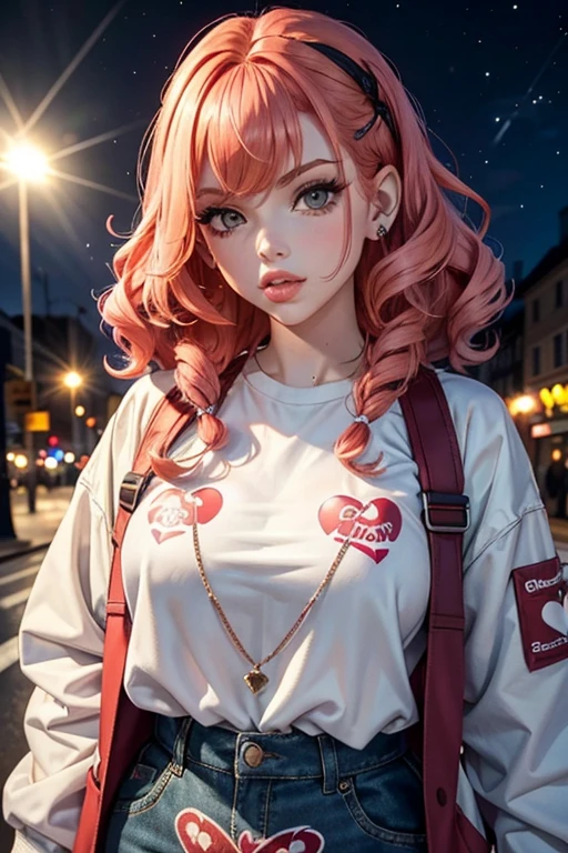 1girl in street wear clothes , in the street, porte une combisnaison blanche , combishort, Heart prints , Hearts Pattern, White Skin ,(Best quality:1.1), (Masterpiece:1.4), 1fille, (cheveux volumineux)+ , ((curly hair))++, cheveux longs, ++, (((cheveux roux ))), (Yeux Verts ), Long Hair,, Gros Seins , Red Hair , (big lips)+ pouty lips , ,StreetWear , peau brillante, Brillant, starry night, dans une chambre,, Fioritures,