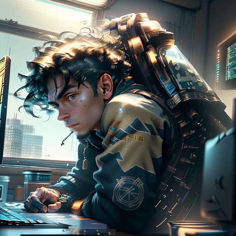 A mixed media creation that mixes photography and painting, perfect composition, latino, Vista desde un lado y desde arriba, joven, Perfect anatomy, joven, latino, guapo, splendid, mirando fijamente al espectador, eide shotdescalzo, Esbelto, detailed muscles, nadador, on a modern desktop with multiple computer screens displaying lines of code and complex algorithms. On the desk small gold coins, Flag of Canada, Truck Toy, Large windows overlooking the river, Small Gold Coins, Small flag of Canada, camioncito de juguete, Your workspace is tidy and organized.
