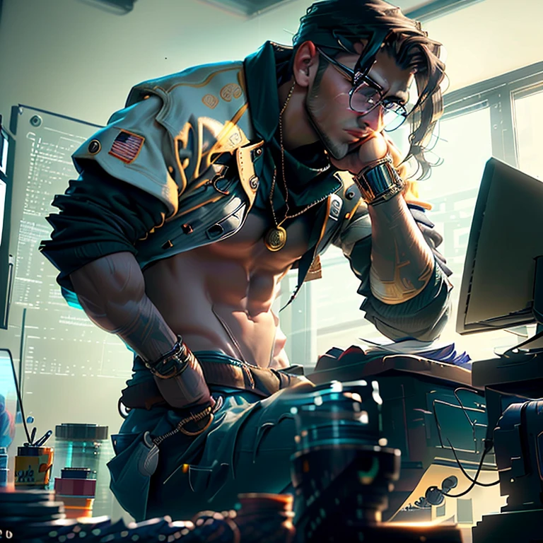 homem, cyberpunk, capuz, cabelo castanho claro, olhando para baixo, pensativo, bolando um plano, 8k, ray tracing, pintura estilo antigo --auto