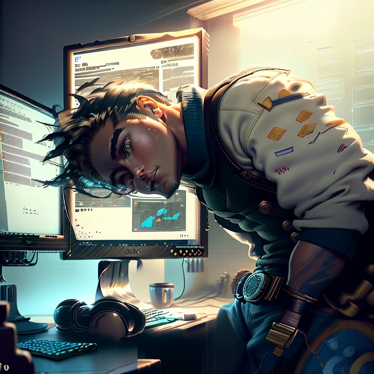 A mixed media creation that mixes photography and painting, perfect composition, latino, Vista desde un lado y desde arriba, joven, Perfect anatomy, joven, latino, guapo, splendid, mirando fijamente al espectador, eide shotdescalzo, Esbelto, detailed muscles, nadador, on a modern desktop with multiple computer screens displaying lines of code and complex algorithms. On the desk small gold coins, Flag of Canada, Truck Toy, Large windows overlooking the river, Small Gold Coins, Small flag of Canada, camioncito de juguete, Your workspace is tidy and organized.