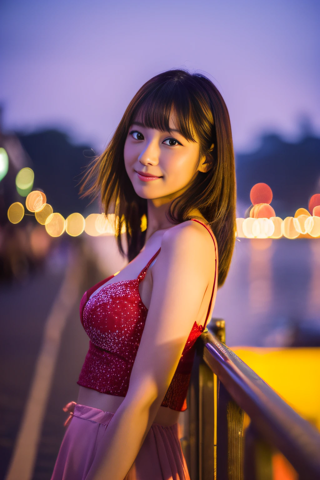 (Best Quality,8ｋ,Absolutely beautiful:1.2)、(cute Japanese girls:1.8、Perfect gravure idol),(爆乳),Woman on the Wharf、Red World、evening、ripple、eventide、