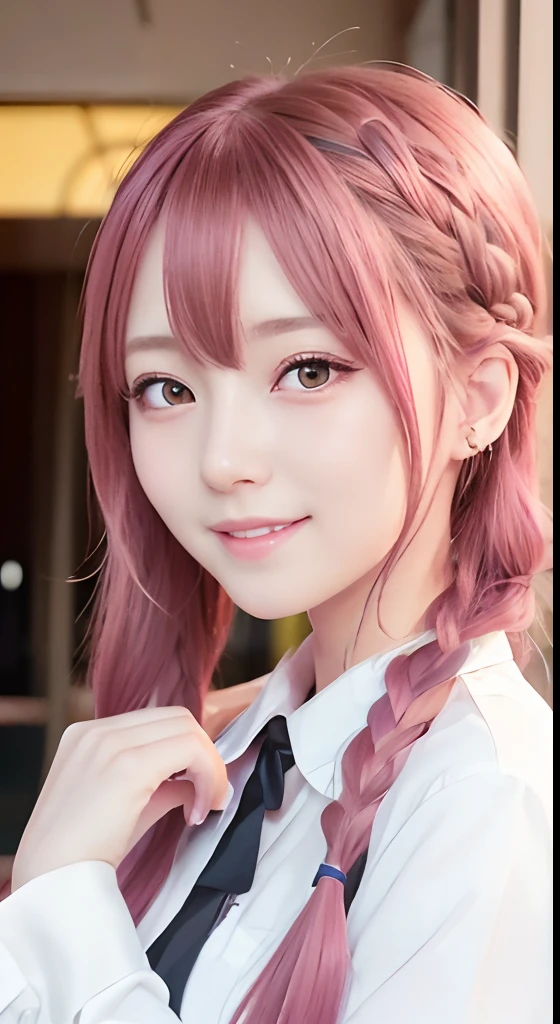 high-level image quality、Anime girl with long hair and restaurant uniform posing for photo、Shibuya、up close shot、(A smile:1.5)、sayori, Anime visuals of cute girls, anime moe art style, in dress, Anime girl in restaurant uniform, pretty anime girl, (Anime Girl), Cute anime girl, Cute anime waifu in restaurant uniform, charming anime girls, Have a walkie-talkie、Beautiful anime girl, Rin, Smooth Anime CG Art、(Pink hair), Ear Hair, small tits, Single braid, (Single braid), (Side braid)