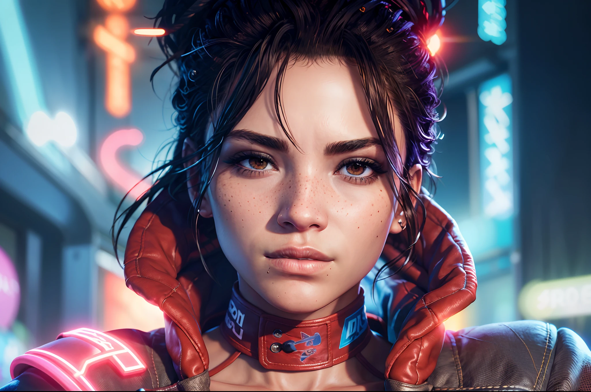 ((portrait shot)), a photo on Panam, (jacket:1), neon lights,  ((face_freckles:0.9)), good hand,4k, high-res, masterpiece, best quality, (head:1.3), finely detailed skin, sharp focus, (cinematic lighting), collarbone, soft lighting,