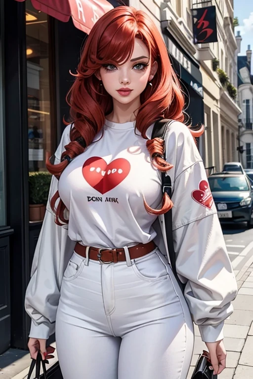 1girl in street wear clothes , in the street, Wear White Jeans and White Top, Have Heart pattern all Other Clothes , White Skin ,(Best quality:1.1), (Masterpiece:1.4), 1fille, (cheveux volumineux)+ , ((curly hair))++, cheveux longs, ++, (((cheveux roux ))), (golden eyes), Long Hair,, Gros Seins, BIG BOOBS , Red Hair , (big lips)+ pouty lips , ,StreetWear , peau brillante, Brillant, starry night, dans une chambre,, Fioritures,