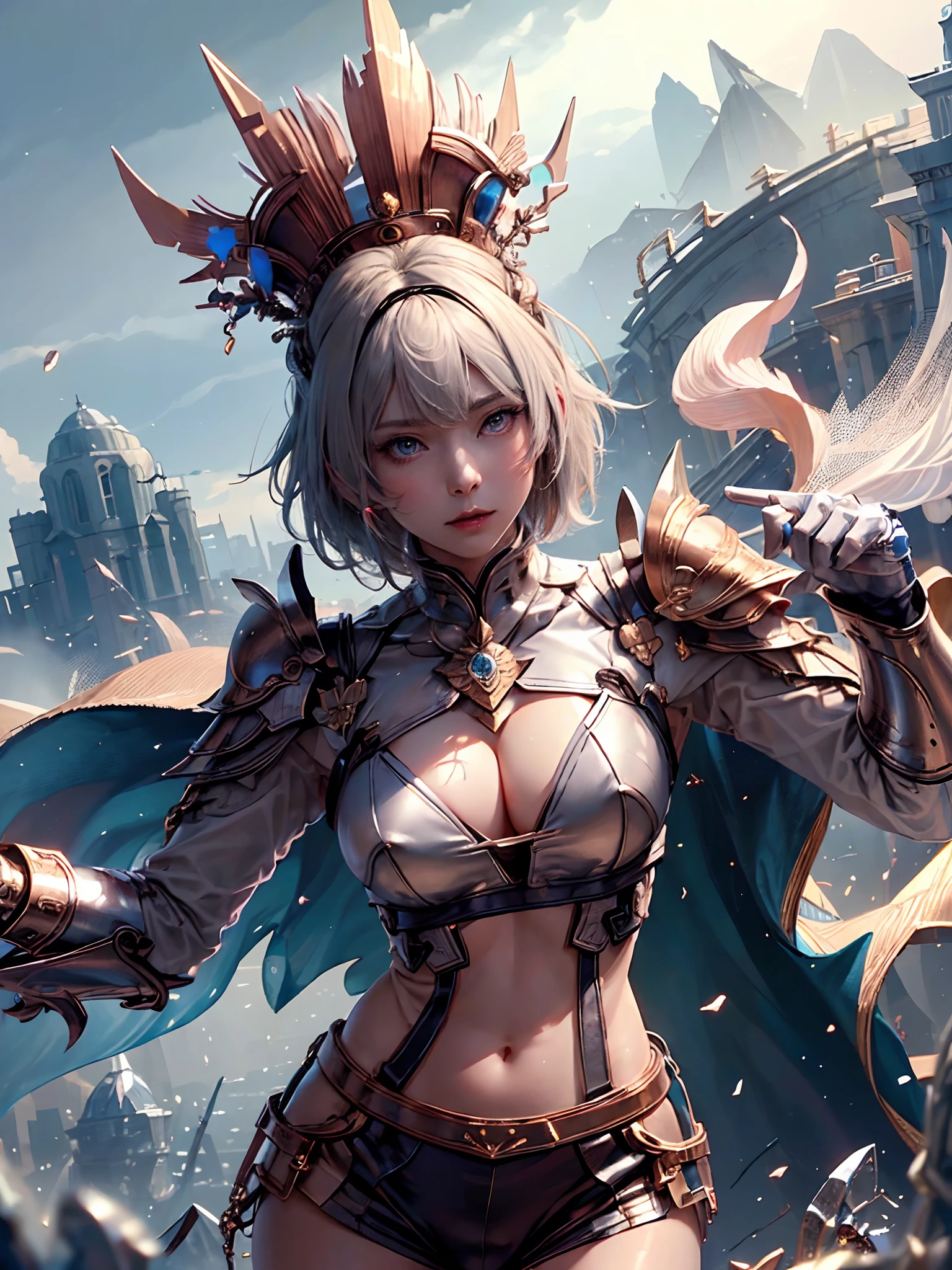 (( (tmasterpiece),(Very detailed CG Unity 8K wallpaper),(bustshot:1.5), best qualtiy,cinmatic lighting,Photorealsitic, 细致背景,beatiful detailed eyes,Bright pupils,(Very fine and beautiful),(Beautiful and detailed eyes description),ultra - detailed,tmasterpiece,hight resolution)), Rose gold armor, Richly decorated armor, a beautiful woman warrior, Shorthair, Platinum Blonde Hair, cleavage of the breast
