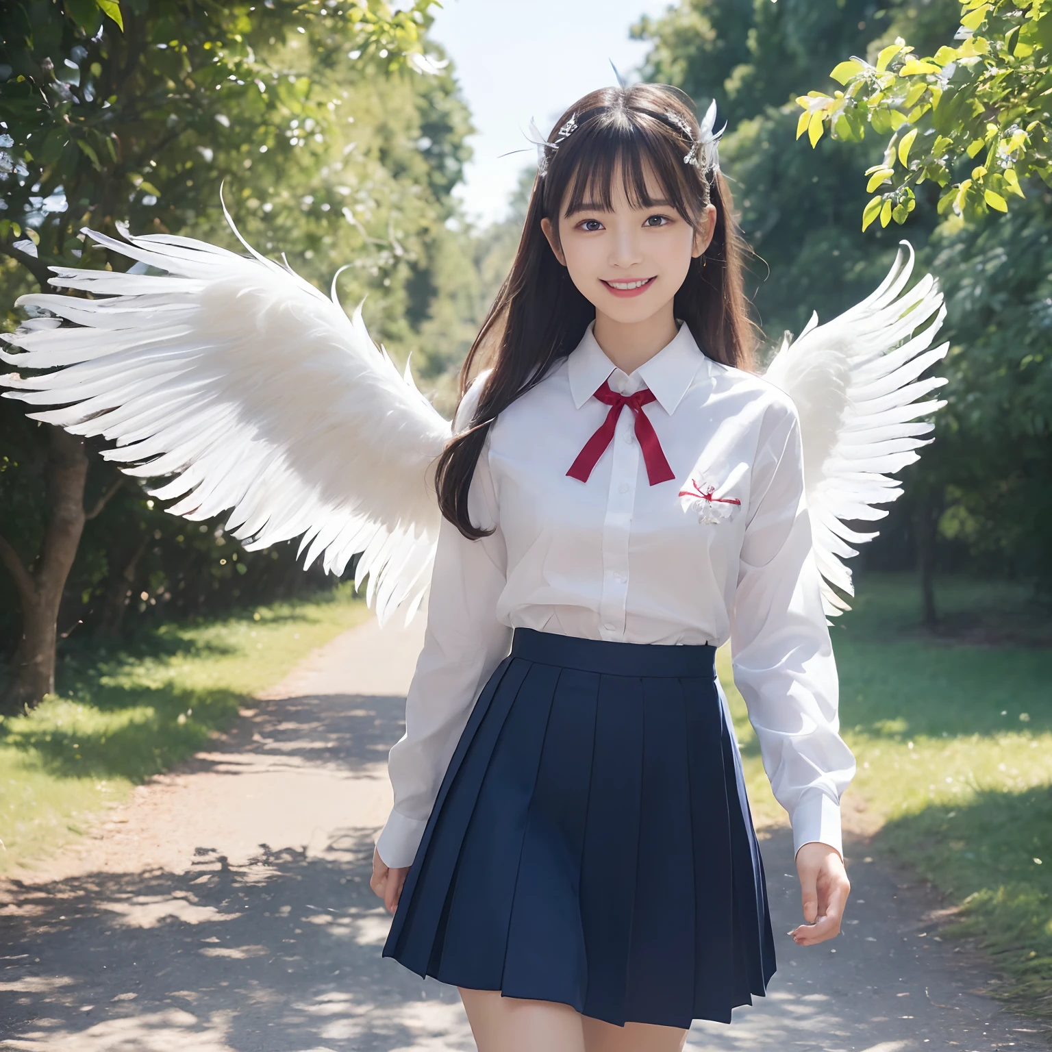 masterpiece, (photorealistic:1.4), best quality, beautiful lighting, 1girl, solo, long hair, straight hair, breasts, lips, blunt bangs, realistic, small breasts, (extremely detailed CG unity 8k wallpaper), intricate, high detail, sharp focus, dramatic, beautiful girl , RAW photo, 8k uhd, film grain, caustics, subsurface scattering, reflections, (cowboy shot), (asian:1.4), (skindentation:1.2), (school girl uniform), sunset, light particles, sunbeam, indoors, (school classroom, angel wings, mechanical halo, feathers falling from sky:1.4),