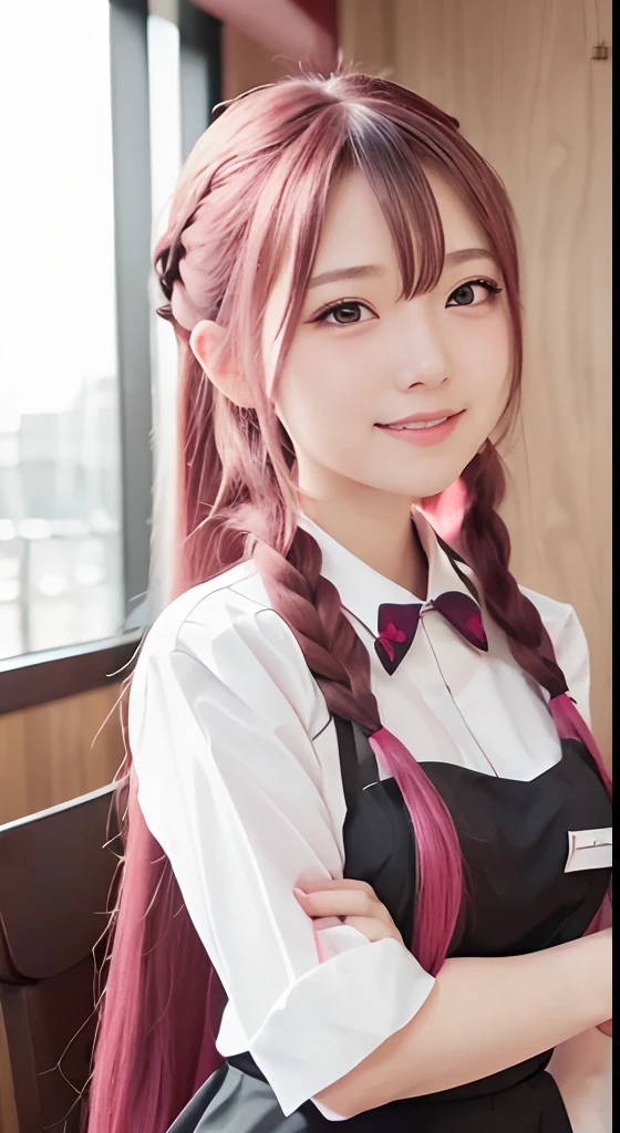 high-level image quality、Anime girl with long hair and restaurant uniform posing for photo、Shibuya、up close shot、(A smile:1.5)、sayori, Anime visuals of cute girls, anime moe art style, loli in dress, Anime girl in restaurant uniform, pretty anime girl, (Anime Girl), Cute anime girl, Cute anime waifu in restaurant uniform, charming anime girls, Have a walkie-talkie、Beautiful anime girl, Rin, Smooth Anime CG Art、(Pink hair), Ear Hair, small tits, Single braid, (Single braid), (Side braid)