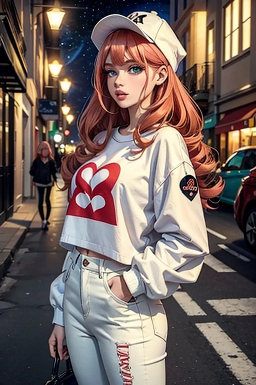 1girl in street wear clothes , in the street, Wear White Jeans and White Top, Have Heart pattern all Other Clothes ,Heart prints all over her outfit , Green Eyes , White Skin ,(Best quality:1.1), (Masterpiece:1.4), 1fille, (cheveux volumineux)+ , ((curly hair))++, cheveux longs, ++, (((cheveux roux ))), (Yeux Verts), Long Hair,, Gros Seins, Red Hair , (big lips)+ pouty lips , ,StreetWear , peau brillante, Brillant, starry night, dans une chambre,, Fioritures,