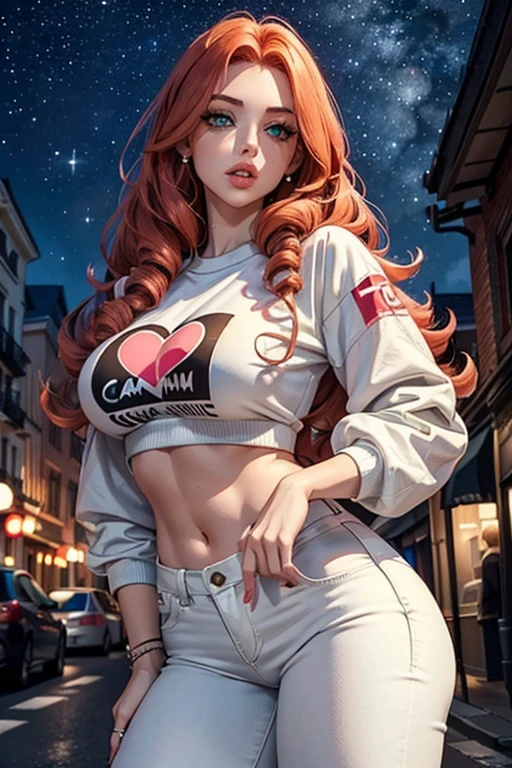 1girl in street wear clothes , in the street, Wear White Jeans and White Top, Have Heart pattern all Other Clothes ,Heart prints all over her outfit , Green Eyes , White Skin ,(Best quality:1.1), (Masterpiece:1.4), 1fille, (cheveux volumineux)+ , ((curly hair))++, cheveux longs, ++, (((cheveux roux ))), (Yeux Verts), Long Hair,, Gros Seins, Red Hair , (big lips)+ pouty lips , ,StreetWear , peau brillante, Brillant, starry night, dans une chambre,, Fioritures,