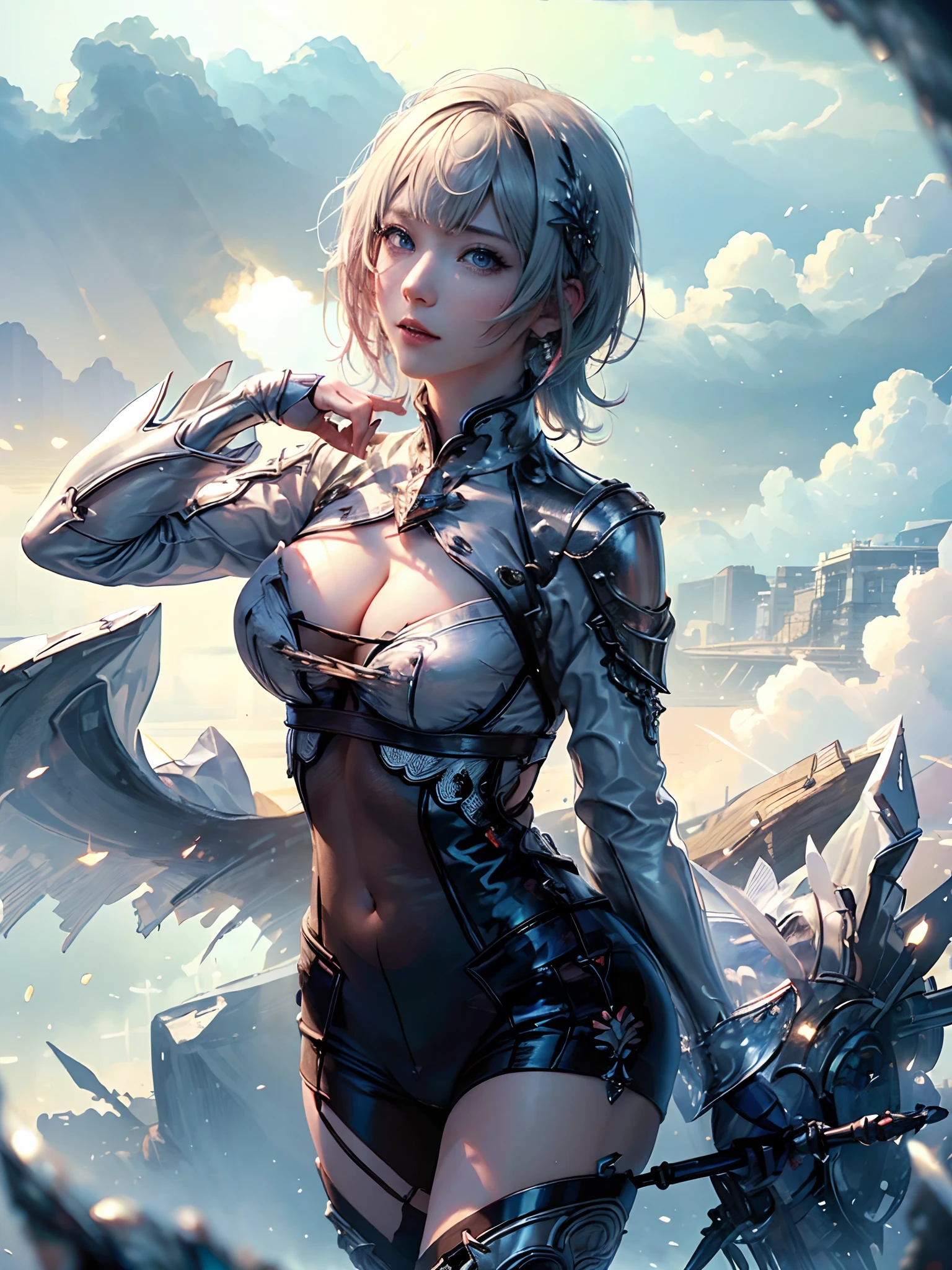 (( (tmasterpiece)，（Very detailed CG Unity 8K wallpaper），(bustshot:1.5), best qualtiy，cinmatic lighting，Photorealsitic, 细致背景，beatiful detailed eyes，Bright pupils，（Very fine and beautiful），（Beautiful and detailed eyes description），ultra - detailed，tmasterpiece，hight resolution)), Richly decorated armor, a beautiful woman warrior, Shorthair, Platinum Blonde Hair, cleavage of the breast