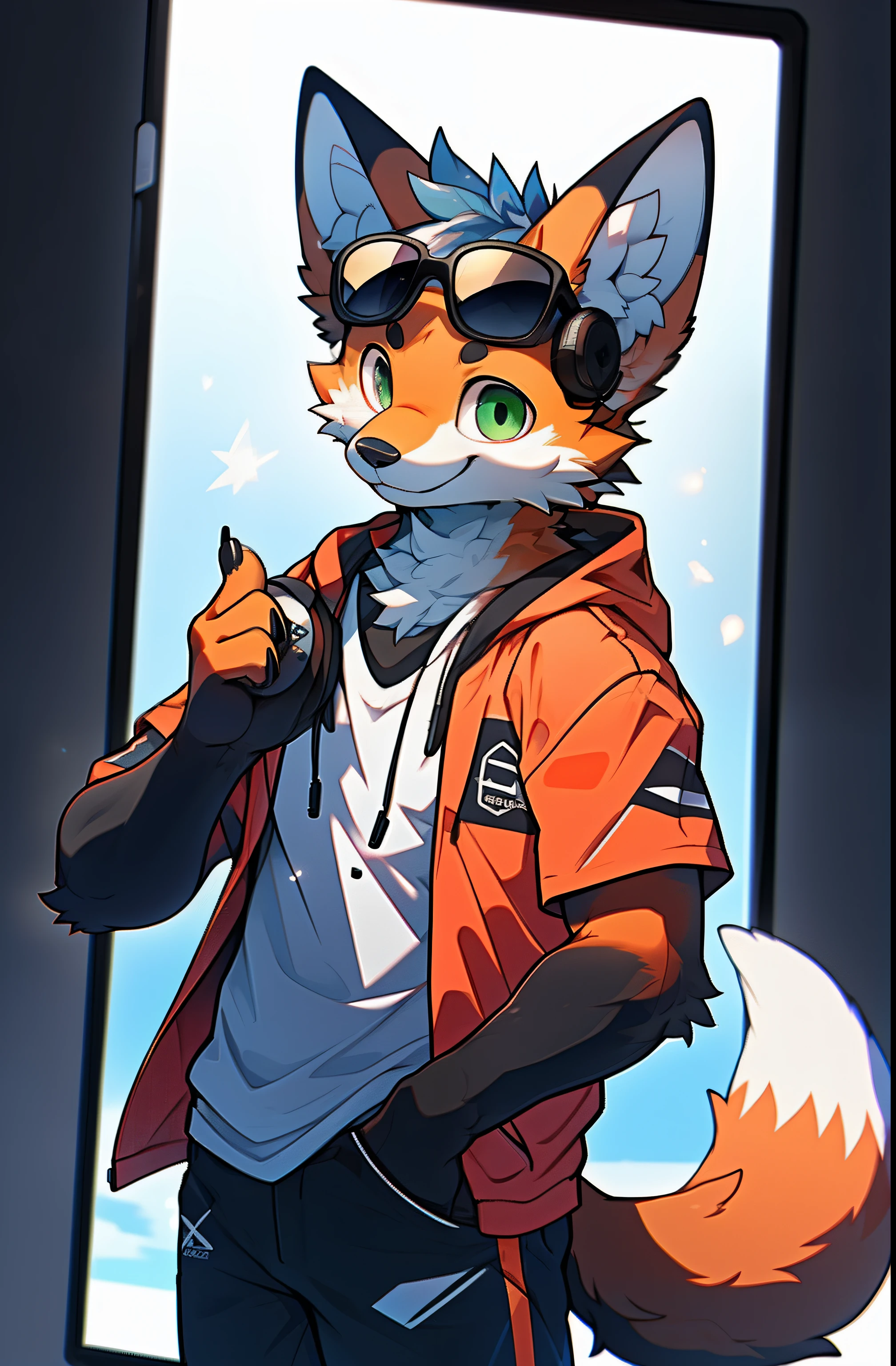 depth of fields，perfect lighting，light particles，（best quality），（tmasterpiece），（Ultra - Detailed），sharp focus，light particles，Niji，fox，male，Eyes of God，green_eye，Looking_in_viewer，smile r，so little，fluffy，bug_ear_fluff，open sky_Swimwear，Cemtura crossed with one hand，upper body，crown，short sleeve shirt，，sunrays，soft smile，from below，with headphones (fox, fluffy, anthropomorphic) , male , best quality, human-like body figure), looking at viewer in orange hoodie and fox sunglasses, avatar image, with futuristic outfit, CGSetnation ),like, professional artwork, CGsociety - W 1 0 2 4 - N 8 - I,The name is Kan, your name is Kan