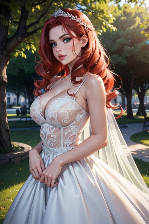 1girl in street wear clothes , in a park, wear a wedding dress, Green Eyes, Robe moulante, Close-fitting dress, White Skin ,(Best quality:1.1), (Masterpiece:1.4), 1fille, (cheveux volumineux)+ , ((curly hair))++, cheveux longs, ++, (((cheveux roux ))), (Yeux Verts), Long Hair,, Gros Seins, Red Hair , (big lips)+ pouty lips , peau brillante, Brillant, starry night, dans une chambre,, Fioritures,