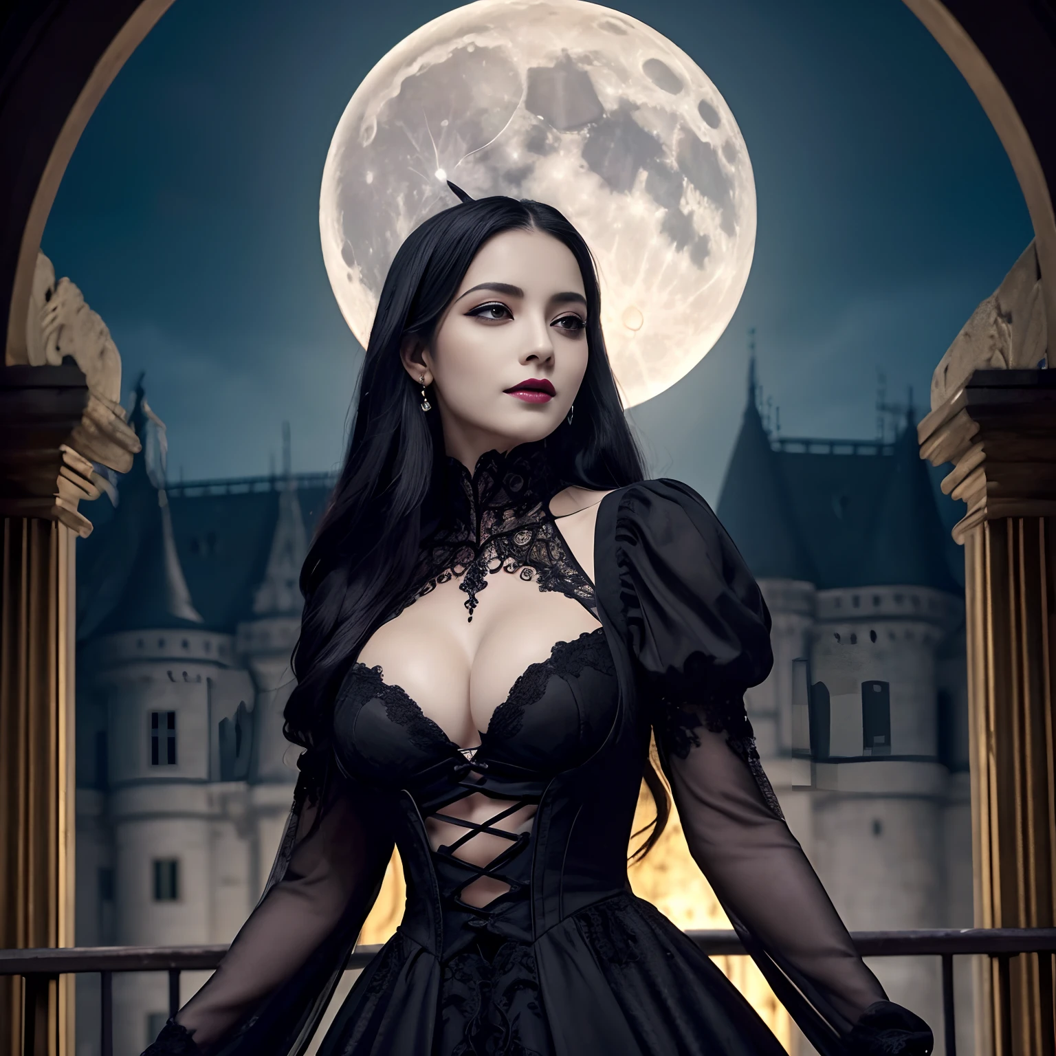 ((Best Quality, masutepiece, 超A high resolution、The most complex and detailed depictions)), 1 beauty、black lips、Black makeup、Black eyeshadow、de pele branca、Evil smile、Photorealsitic,Black Dress,Black luxury dress,Dresses with intricate décor in the Gothic style,Intricate decoration of the dress、Wicked and artistic patterns、Evil and artistic tattoos、The most intricate dresses,Most beautiful face,large full breasts,cleavage of the breast,Luxurious and Gothic medieval European castle,Wicked Gothic castle,Spooky castle、The most complex and detailed castles、A castle with a very realistic texture、Detailed depiction of the castle in the background、You can see the full moon shining in the background、Complex and detailed month、Shining Full Moon、Midnight、Pitch black night、Complex and detailed night sky、Describe the night sky in detail、Perfectly recreate the spooky night