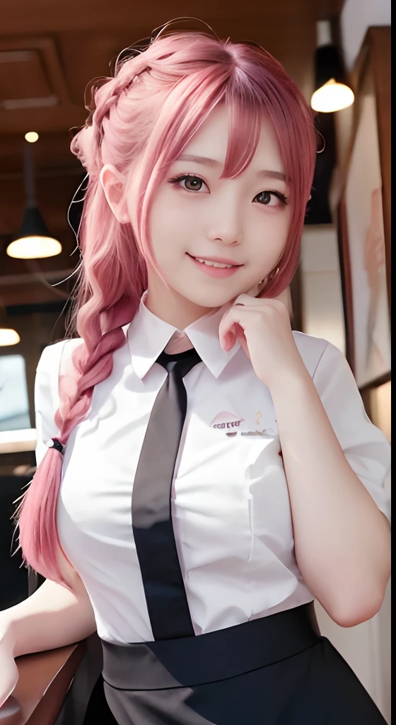 high-level image quality、Anime girl with long hair and restaurant uniform posing for photo、Shibuya、up close shot、(A smile:1.5)、sayori, Anime visuals of cute girls, anime moe art style, in dress, Anime girl in restaurant uniform, pretty anime girl, (Anime Girl), Cute anime girl, Cute anime waifu in restaurant uniform, charming anime girls, Have a walkie-talkie、Beautiful anime girl, Rin, Smooth Anime CG Art、(Pink hair), Ear Hair, small tits, Single braid, (Single braid), (Side braid)