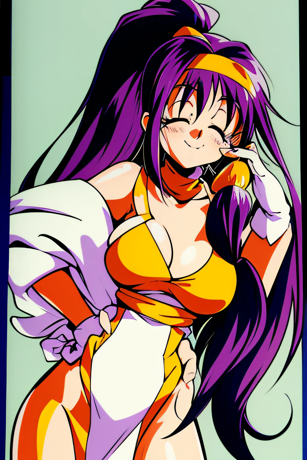 1man(7), 1girl(8), full body, blush ,earrings(3) ,headband(4) ,jewelry(3) ,long_hair(7) ,red_eyes(3) ,red_hair(3) ,smile(8) ,solo(8) ,turtleneck ,rating:safe(9) ,breasts(2) ,cleavage(2) ,open_mouth(5) ,ponytail ,retro_artstyle(6) ,braid ,clothing_cutout ,fingerless_gloves(3) ,gloves(3) ,one_eye_closed(2) ,white_background(2) ,black_gloves ,blue_hair(4) ,green_eyes(4) ,painting_(medium) ,sidelocks ,yellow_headwear ,blue_eyes ,bow ,hair_bow ,hair_ornament ,hand_on_own_face ,hands_on_own_face ,head_rest ,low-tied_long_hair ,multi-tied_hair ,purple_hair(3) ,very_long_hair ,bandana ,closed_eyes ,hair_over_eyes ,lina_inverse ,holding ,long_sleeves, 1990s, 1990 anime.