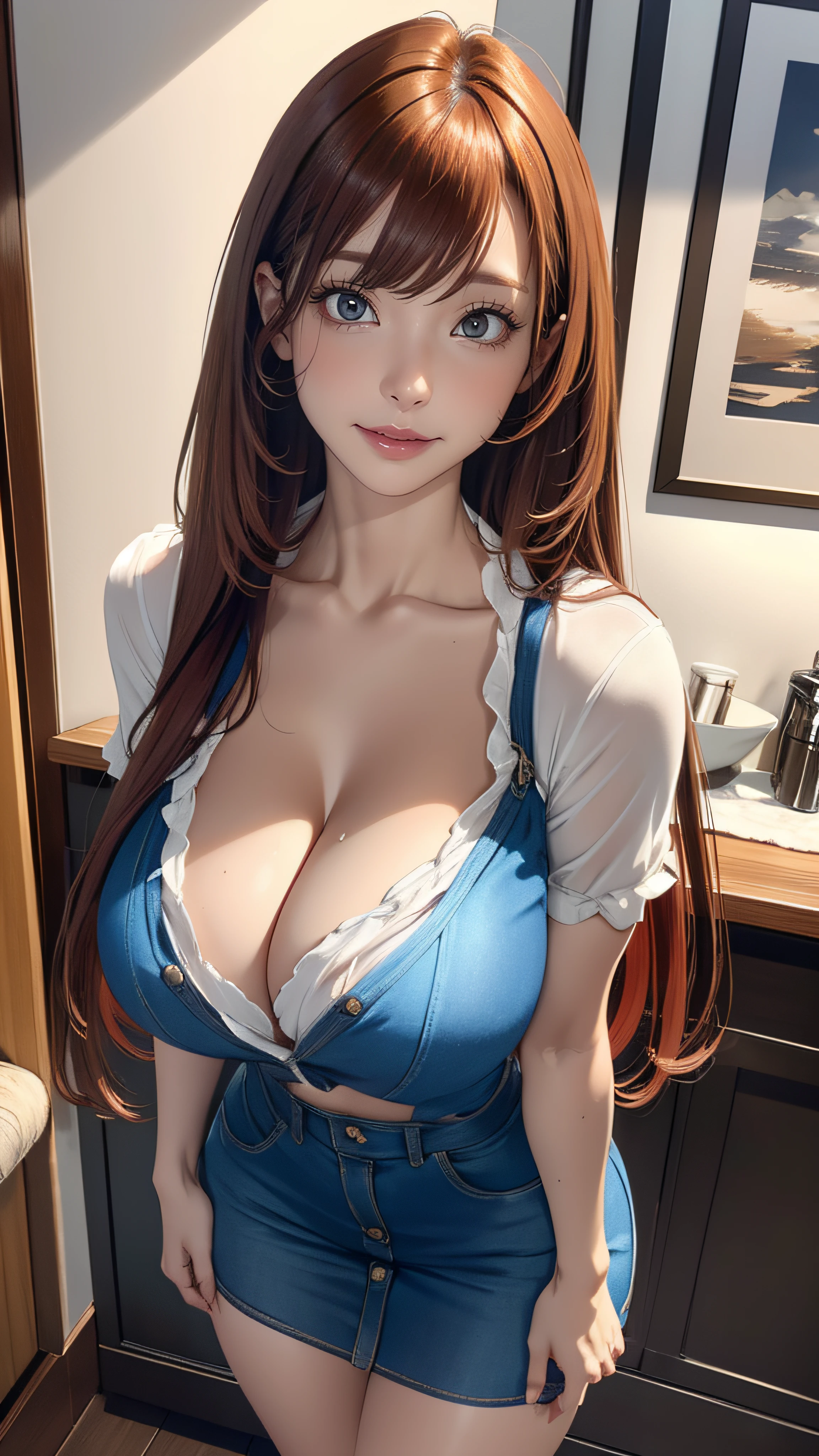 porn image,nsfw,(ultra detailed skin),curvy,petite,beautiful breasts,large breasts,pale skin,pointy breasts,erect nipples,(Hyperrealist,(8k),ultra-realistic,high detail,high resolution,best quality,masterpiece,Sense of presence,Dynamic,bold),(thin hair),(soft hair),(straight hair:1.5),Swept long bangs,extra light coppery amber hair,hair over one eye,(clothed:1.5)