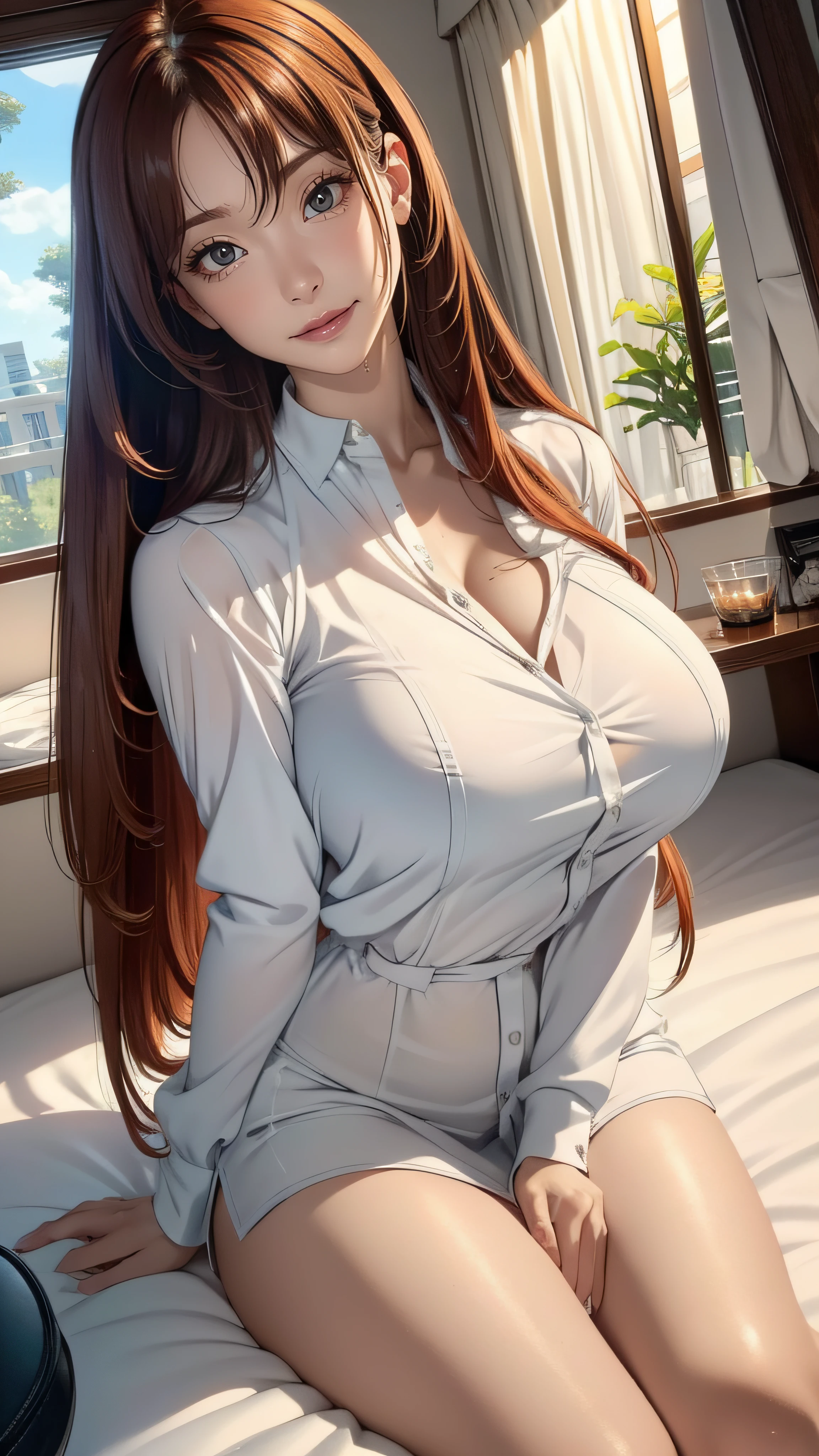 porn image,nsfw,(ultra detailed skin),curvy,petite,beautiful breasts,large breasts,pale skin,pointy breasts,erect nipples,(Hyperrealist,(8k),ultra-realistic,high detail,high resolution,best quality,masterpiece,Sense of presence,Dynamic,bold),(thin hair),(soft hair),(straight hair:1.5),Swept long bangs,extra light coppery amber hair,hair over one eye,(clothed:1.5)