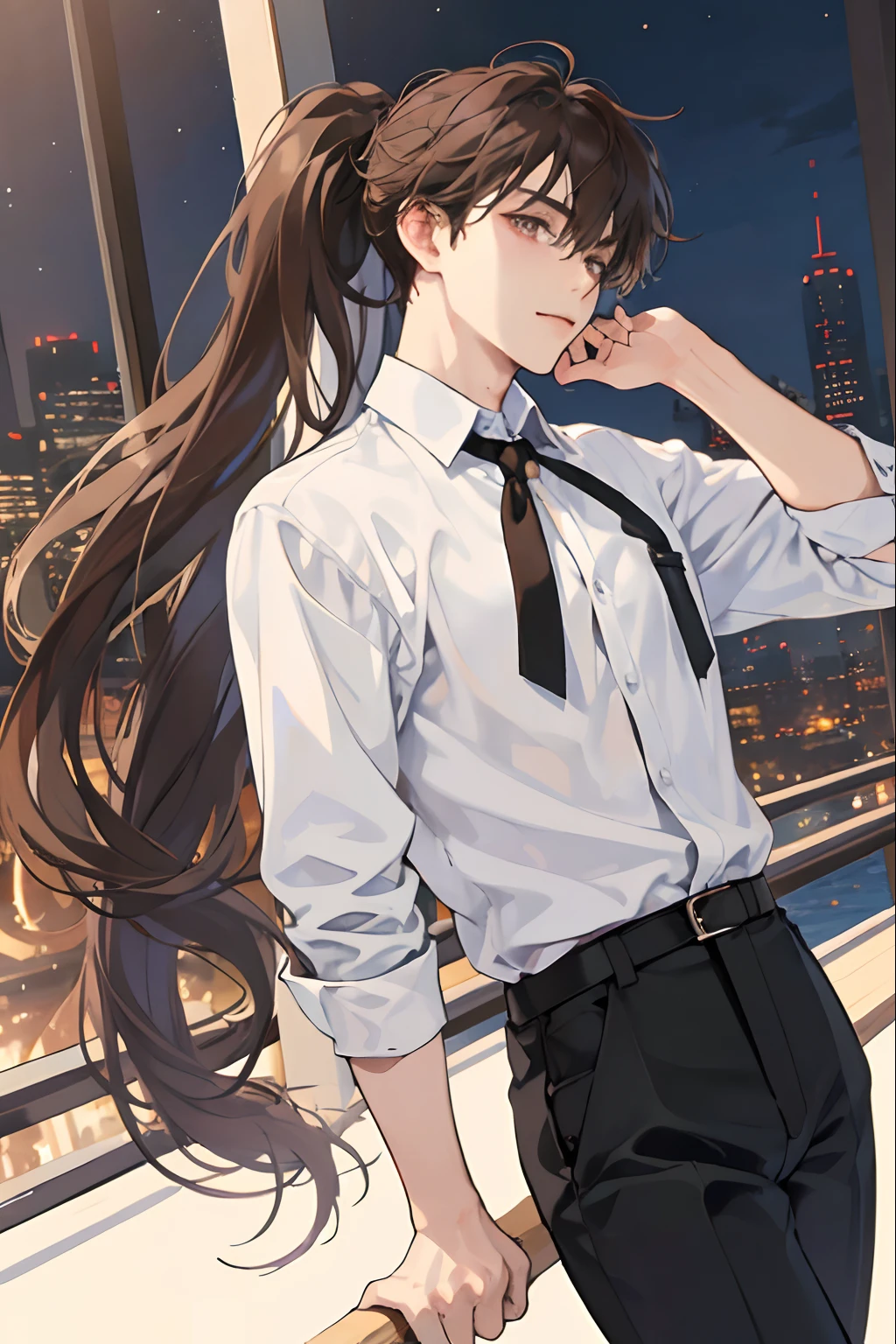 1boy, sexy, cute, brown hair, very long ponytail, silver eyes, white shirt, black pants, city, high res, ultrasharp, 8K, masterpiece, looking at viewer