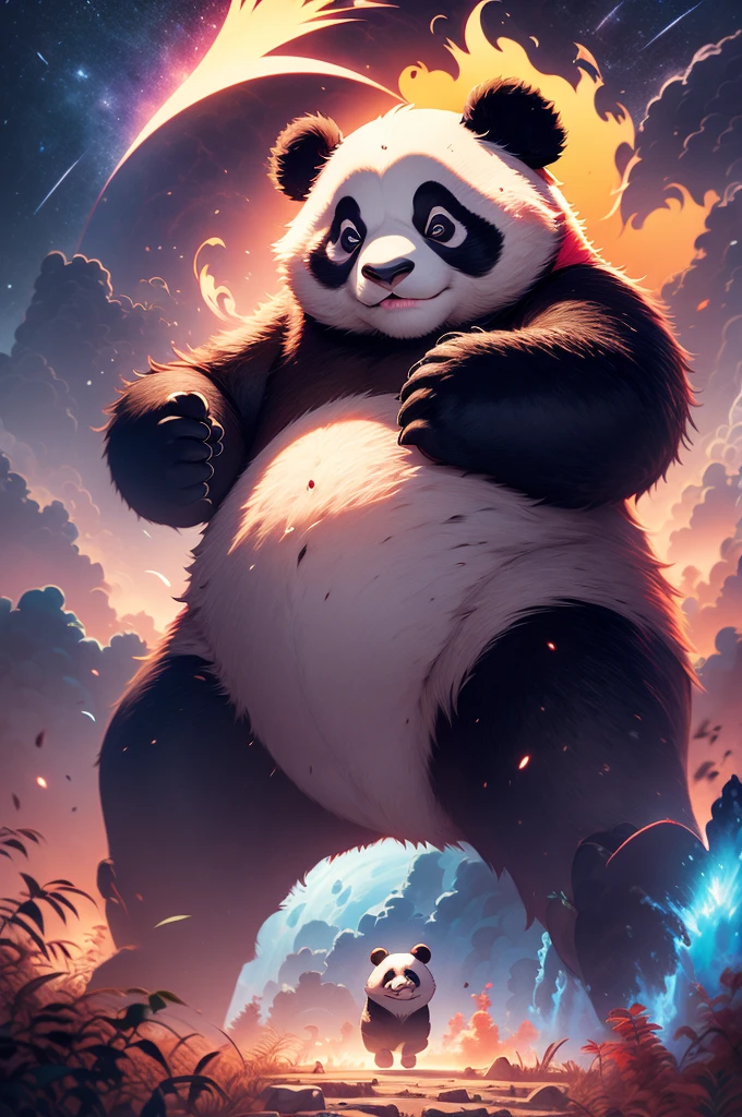 amazing Panda standing in the clouds staring up as the stars, stars floating around panda, brilliant colors, amazing swirls of cosmic dust, colorful vibrant, light particles, Create digital artwork in the Pop Art style, Featuring a vibrant and confident panda,street fashion, Movie color scheme, Surrounded by vintage flower motifs, Vibrant brushstrokes,Emotions should be dynamic, Drawing, illustration, escala cinza, tropical, Many flowers,