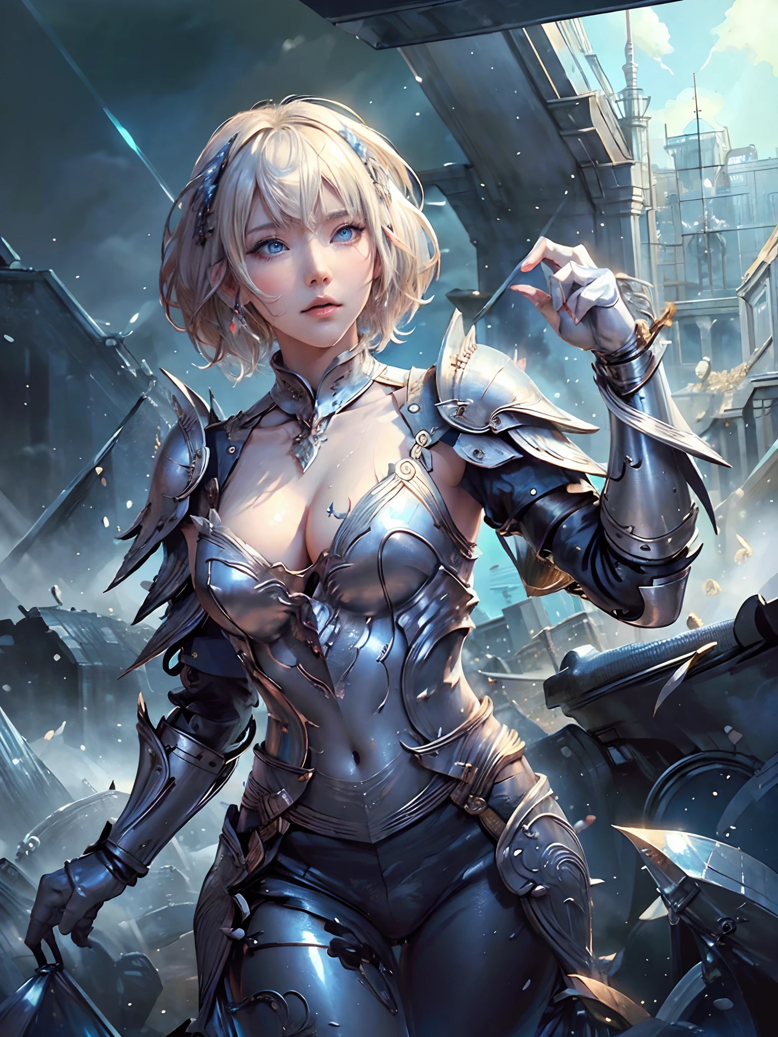 (( (tmasterpiece),(Very detailed CG Unity 8K wallpaper),(bustshot:1.5), best qualtiy,cinmatic lighting,Photorealsitic, 细致背景,beatiful detailed eyes,Bright pupils,(Very fine and beautiful),(Beautiful and detailed eyes description),ultra - detailed,tmasterpiece,hight resolution)), Richly decorated armor, a beautiful woman warrior, Shorthair, Platinum Blonde Hair, cleavage of the breast
