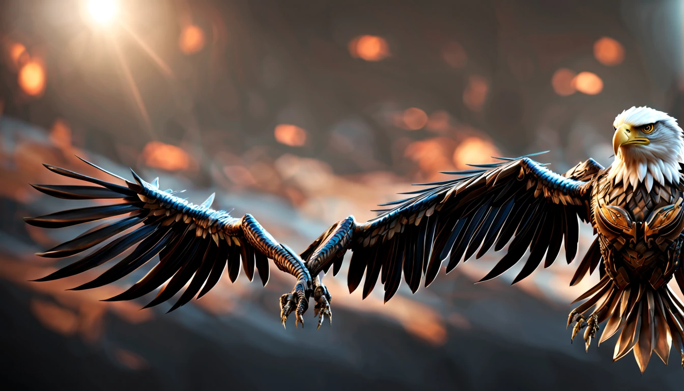 biomechanical eagle flying, cybernetic body, (metal wings), american flag painted on its metal wings, unreal engine render, tan biomechanical details, highly detailed, on pursuit and aggressive, 4k, 8k
