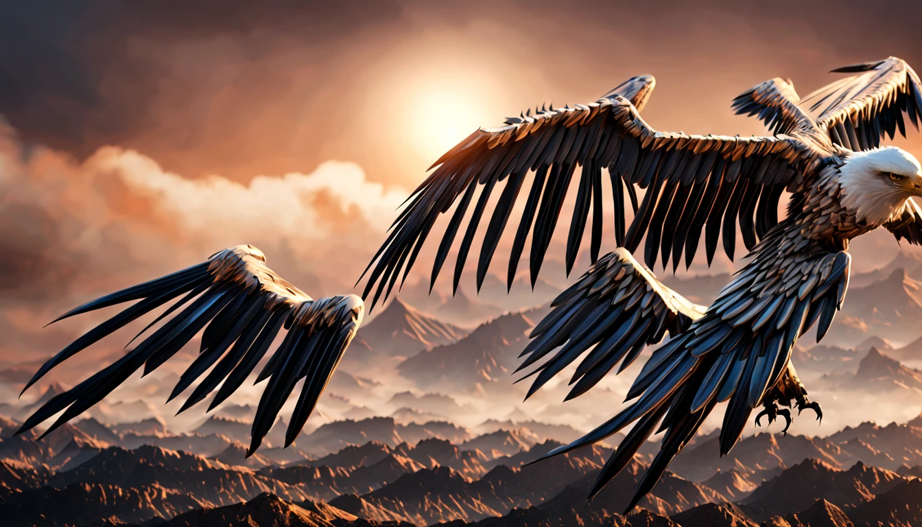 biomechanical eagle flying, cybernetic body, (metal wings), american flag painted on its metal wings, unreal engine render, tan biomechanical details, highly detailed, on pursuit and aggressive, 4k, 8k