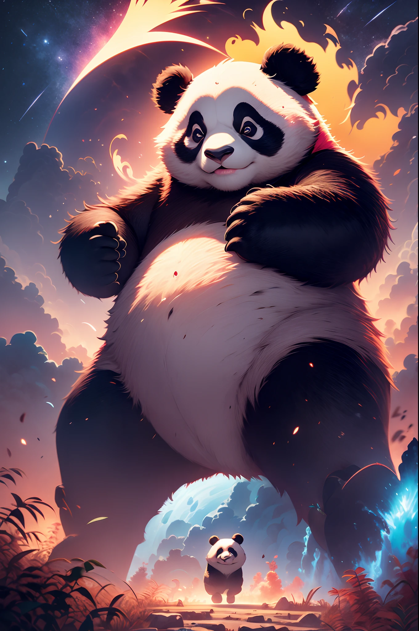amazing Panda standing in the clouds staring up as the stars, stars floating around panda, brilliant colors, amazing swirls of cosmic dust, colorful vibrant, light particles, Create digital artwork in the Pop Art style, Featuring a vibrant and confident panda,street fashion, Movie color scheme, Surrounded by vintage flower motifs, Vibrant brushstrokes,Emotions should be dynamic, Drawing, illustration, escala cinza, tropical, Many flowers,