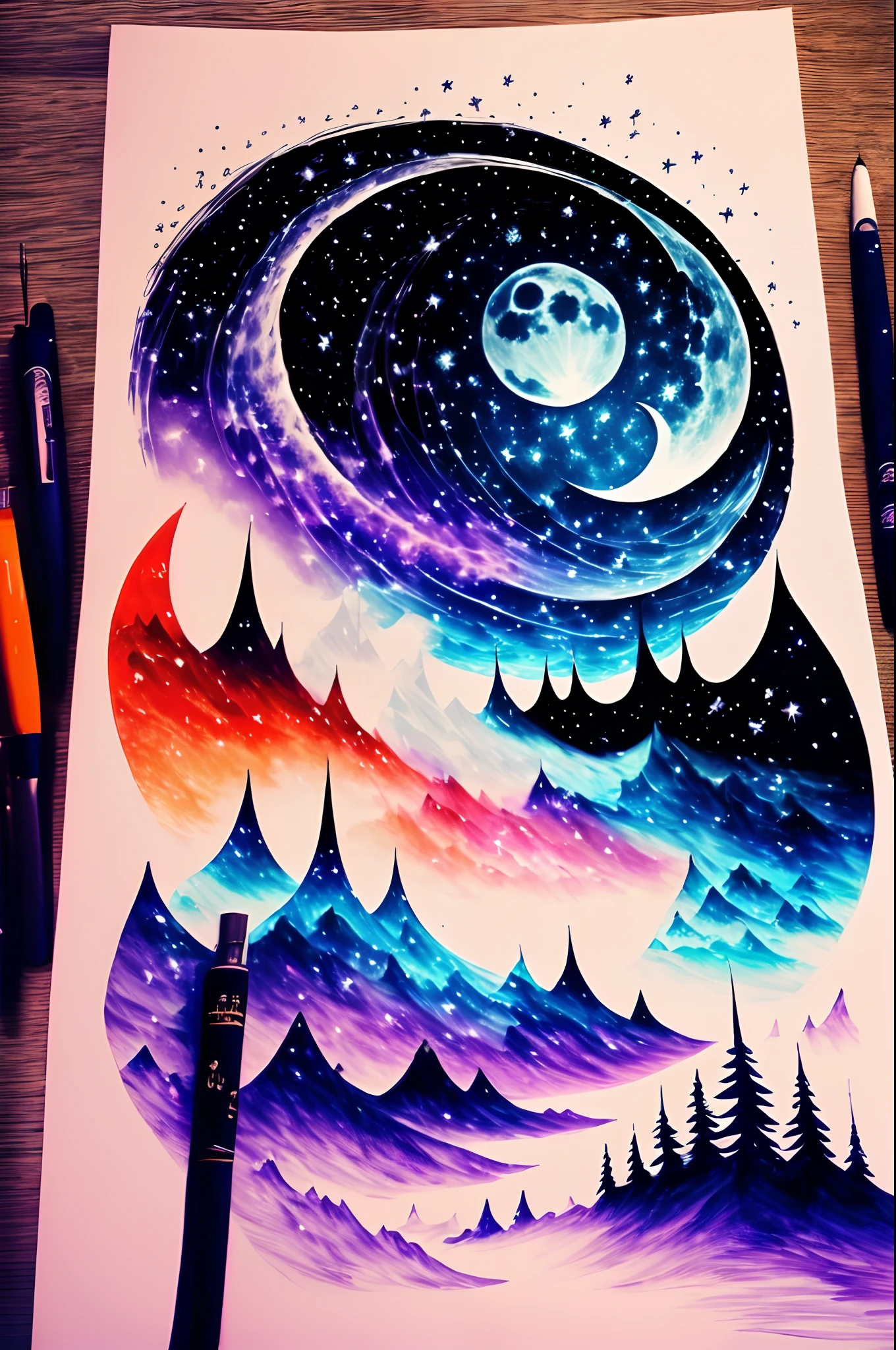 Can you help me come up with a sketch of an abstract colorful night sky with a foggy moon