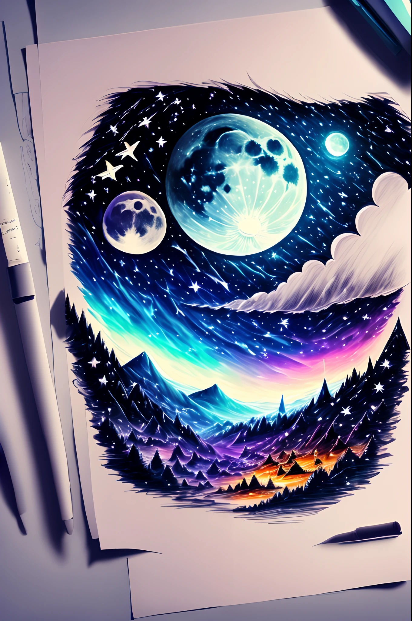 Can you help me come up with a sketch of an abstract colorful night sky with a foggy moon