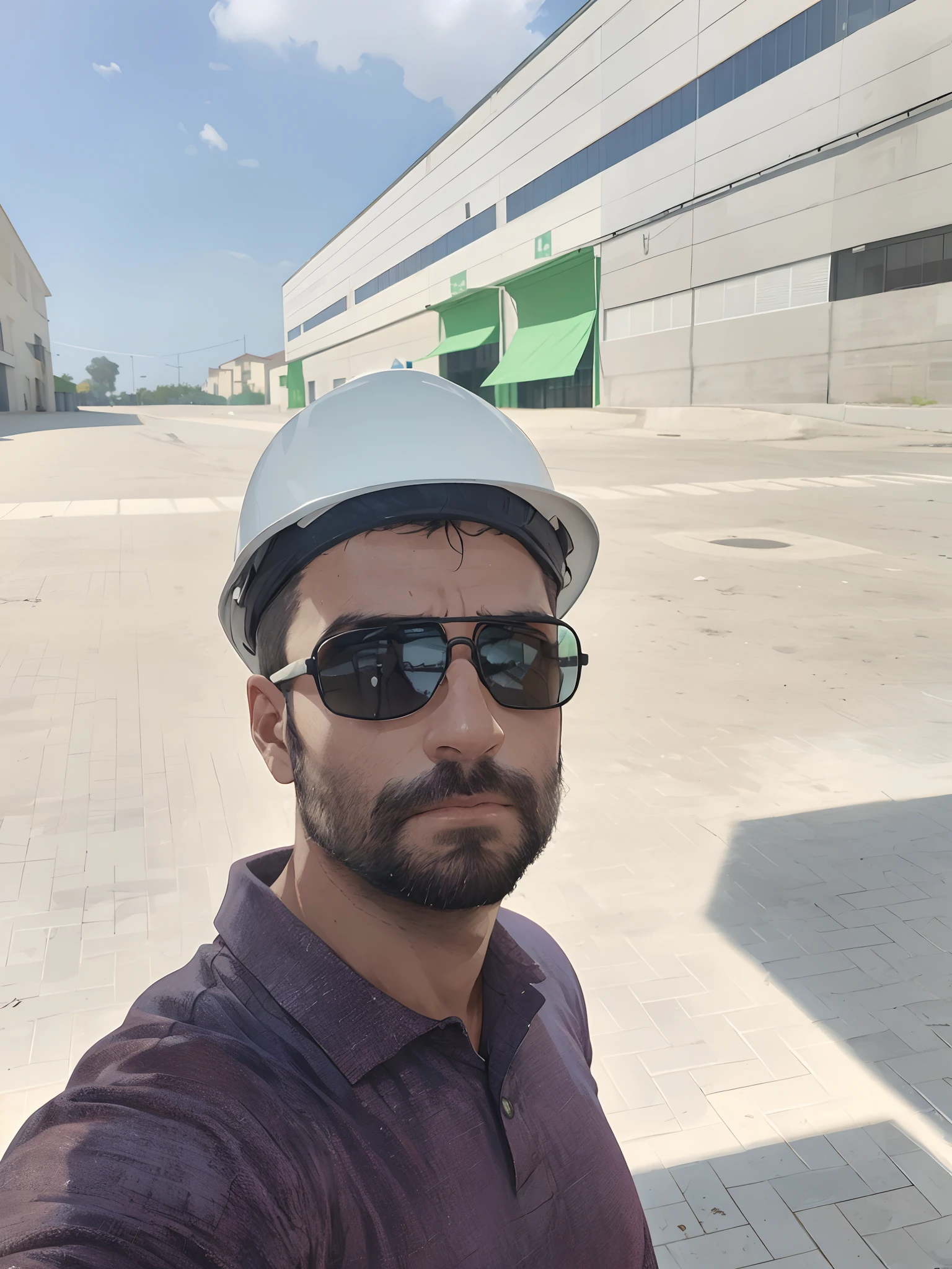 Um Homem bonito de barba e de capacete andando sobre um andaime de canteiro de obras , Cross Arms , Balanceamento, com gruas e andaimes ao fundo,