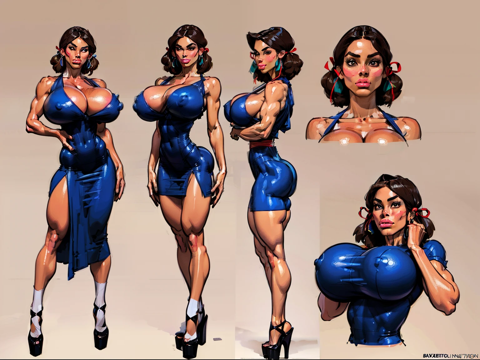 ((Masterpiece)),(((Best Quality))),((Character design sheet)), ((full body view)) ((Native American Girl)) mature face, delineated cheekbones, high cheekbones, illustartion, muscular, Sexy Bimbo, (giant breast:1.7) black hair, ((Detailed Face:1.4)) a handsome female, (native:1.4) (Dresses with ribbons:1.3) , sparkly skin, (swollen lips:1.4) , Rough sketches, the pose, 8K,16k, (Simple background, whitebackground: 1.3) Beige color palette, Brown legs, Brown Hands, brown face