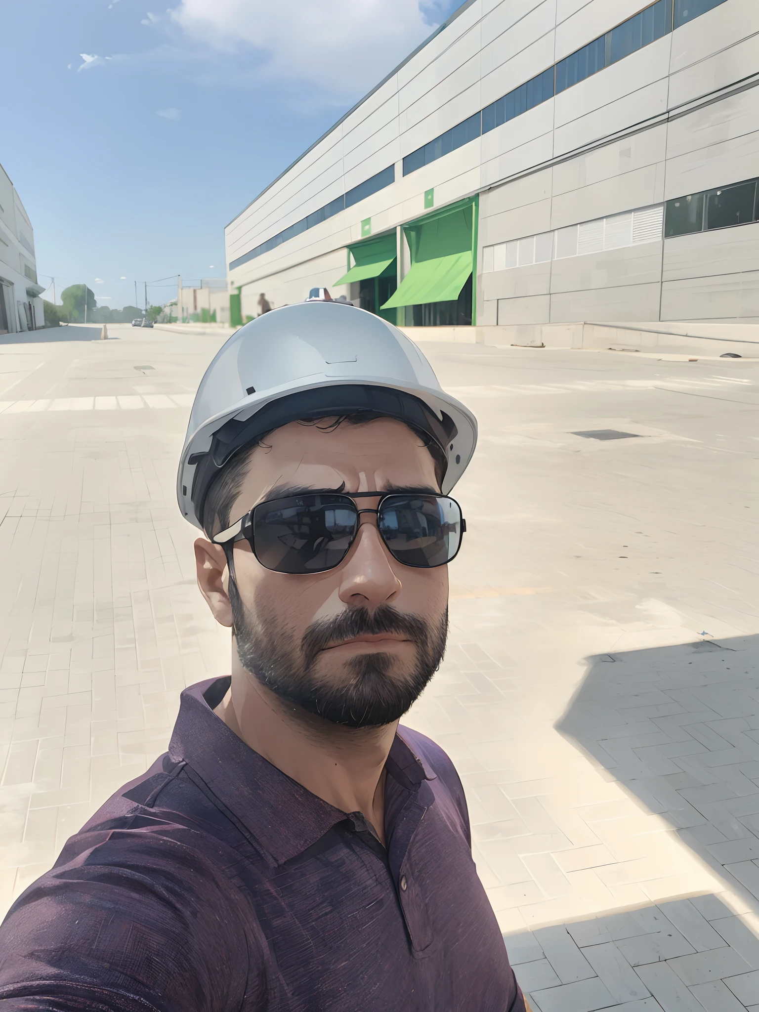 Um Homem bonito de barba e de capacete andando sobre um andaime de canteiro de obras , Cross Arms , Balanceamento, com gruas e andaimes ao fundo,