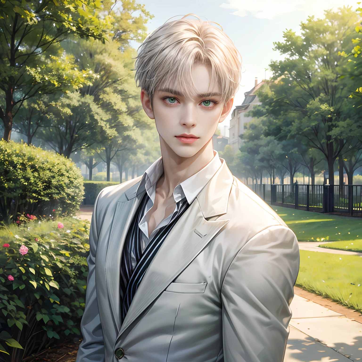 masutepiece, Best Quality, ((1man)), Short hair with light greige,Green eyes, waist-up, a park, White Blazer
