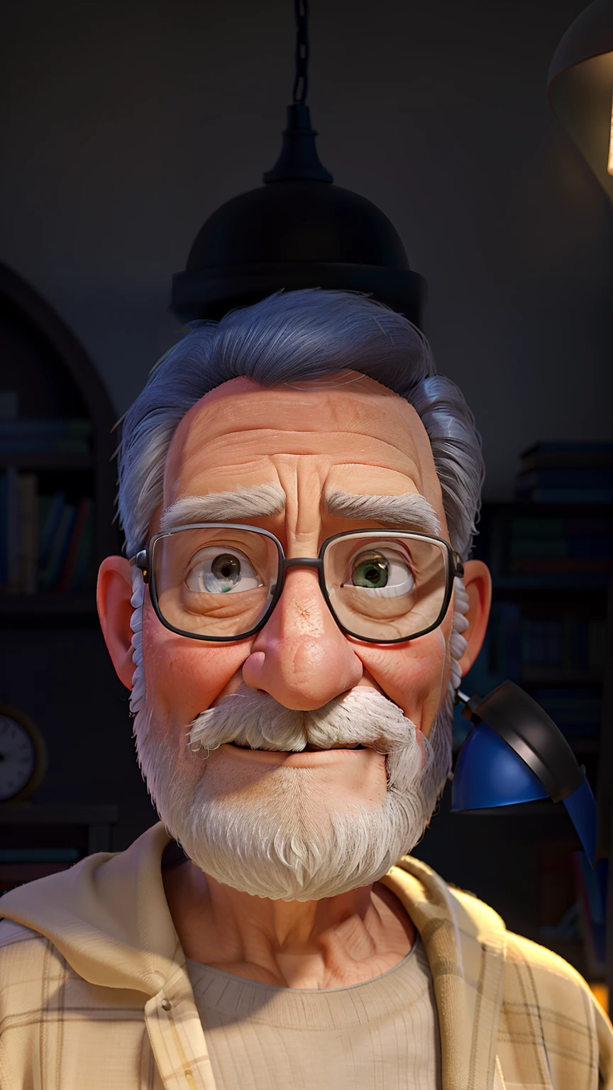 A wise old man standing in front, illuminated by the light of a lamp, against the backdrop of a library