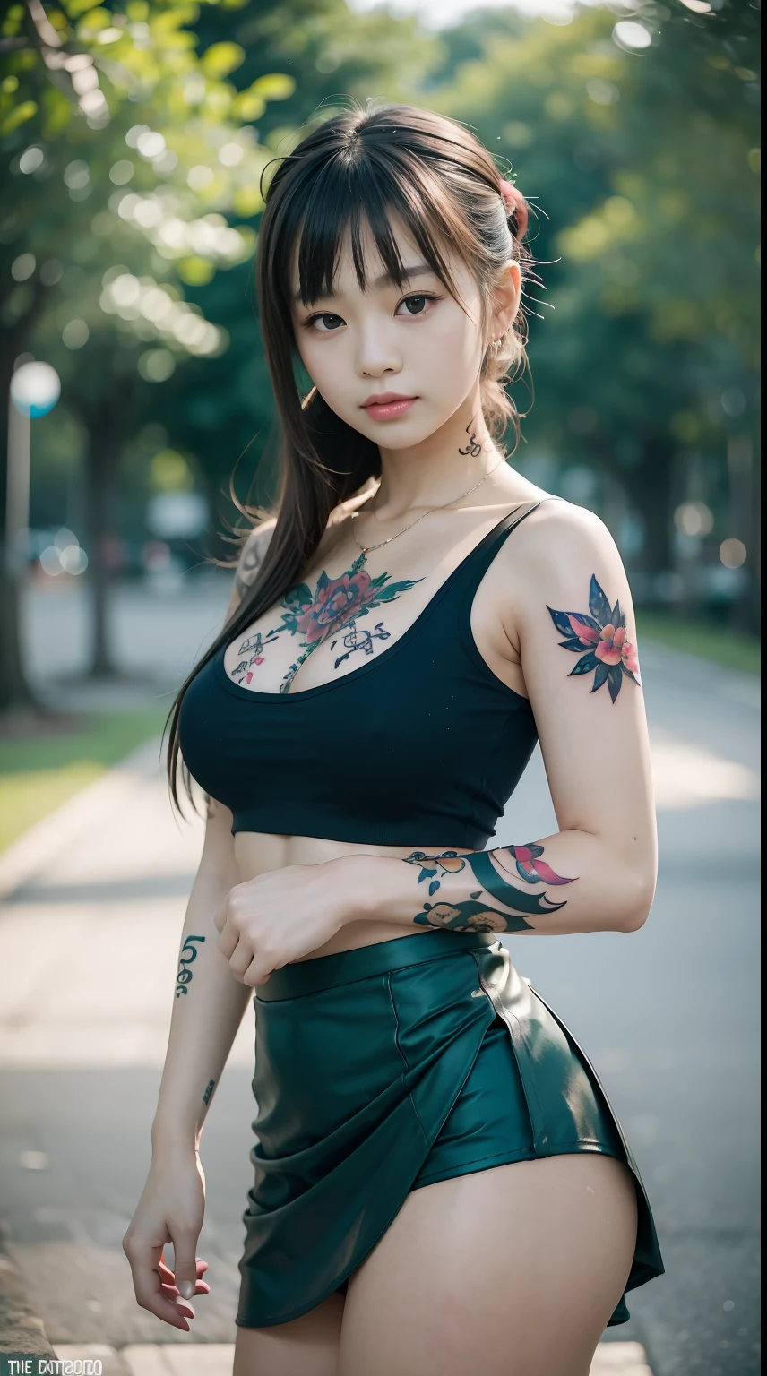 27 years old, gorgeous cute  Russian girl, smirk, freckles, there is a young girl in a green top and pink skirt, young asian girl, cute young girl, chinese girl, yanjun chengt, young and cute girl, korean girl, perfect android girl family, anime girl cosplay, , asian girl, young anime girl, cute littime thai girl, very beautiful cute catgirl, beautiful young catgirl, good young girl, (masterpiece:1.0),(best_quality:1.0), ultra high res,4K,ultra-detailed, photography, 8K, HDR, highres, absurdres:1.2, Kodak portra 400, blurry background, bokeh, lens flare, (vibrant_color:1.2),professional photograph,(the_tattoo:1.5),(Beautiful,large_Breasts), (beautiful_face:1.5),(narrow_waist).