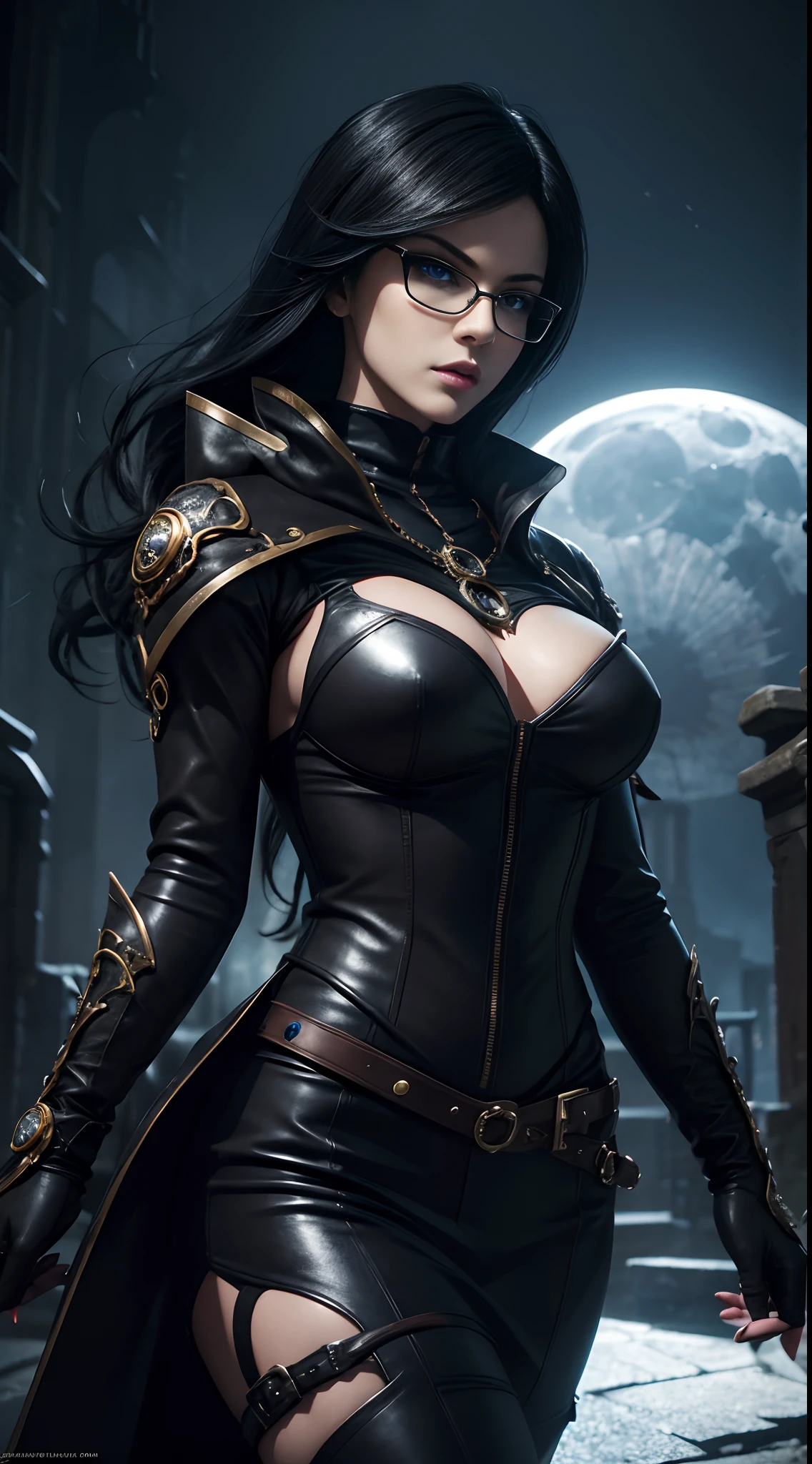 Velma, bayonetta, beautiful detailed eyes, beautiful detailed lips, extremely detailed eyes and face, longeyelashes, anime style, dark colors, leather costume, glasses, witch, intense pose, vibrant colors, martial arts, action, fantasy setting, moonlight, atmospheric lighting, intense detailing, highres, physically-based rendering, high-quality rendering, strong contrasts, dynamic composition