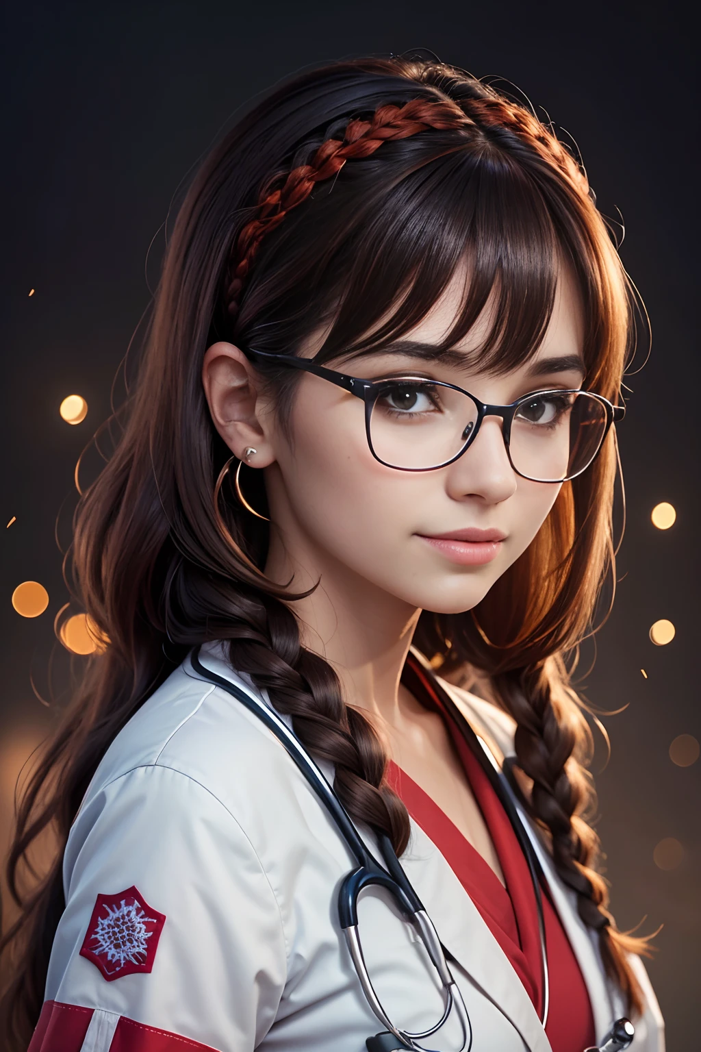 (realista: 1.4), melhor qualidade, ultra high-resolution, 4k, foto para redes sociais , detalhes intricados , altamente detalhado, Uma garota 30 anos , brown hair with braids , Cruz vermelha, Musculosa , (Medical uniform: 1.2), cabelo comprido, cabelo liso, franja, pele parda, tudo muito detalhado , sorrindo , (( dias escuros )) , Alto contraste , Anoitecendo , Background flowers falling behind her , HDR , cinematic picture , wearing prescription glasses, female doctor