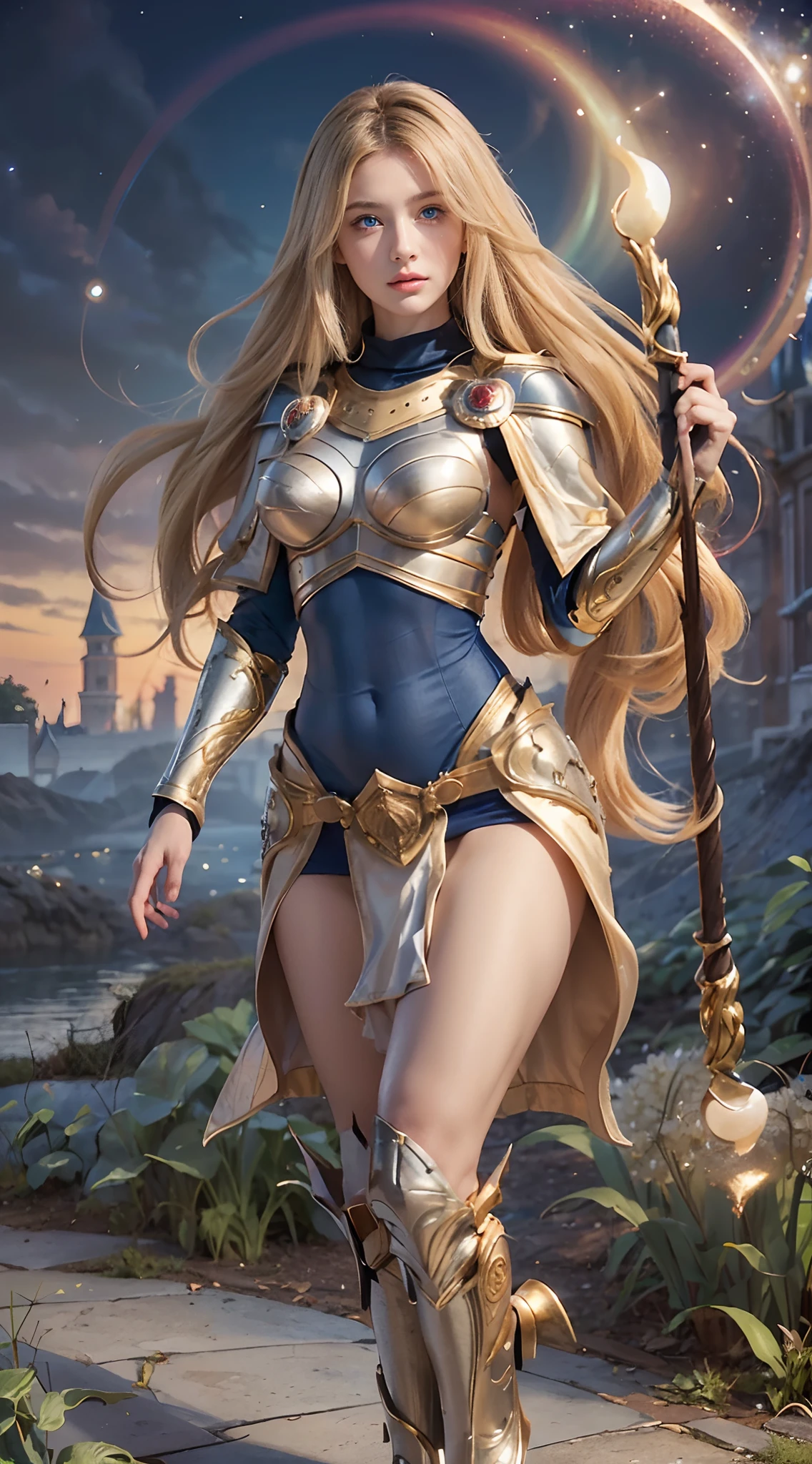 (Numerous award-winning masterpieces, with incredible details), ((Extremely beautifull face)), (extremely detailed realistic face features), (beutiful blue eyes), ((finely detailed true circle Symmetrical blue eyes)), (She has a meloncholic face), (A majestic sight), long golden hair, (big breasts: 1.8), anatomic, (big brests: 1.8), small wraist with big hips, medieval woman's light armor, golden hair, blonde long hair