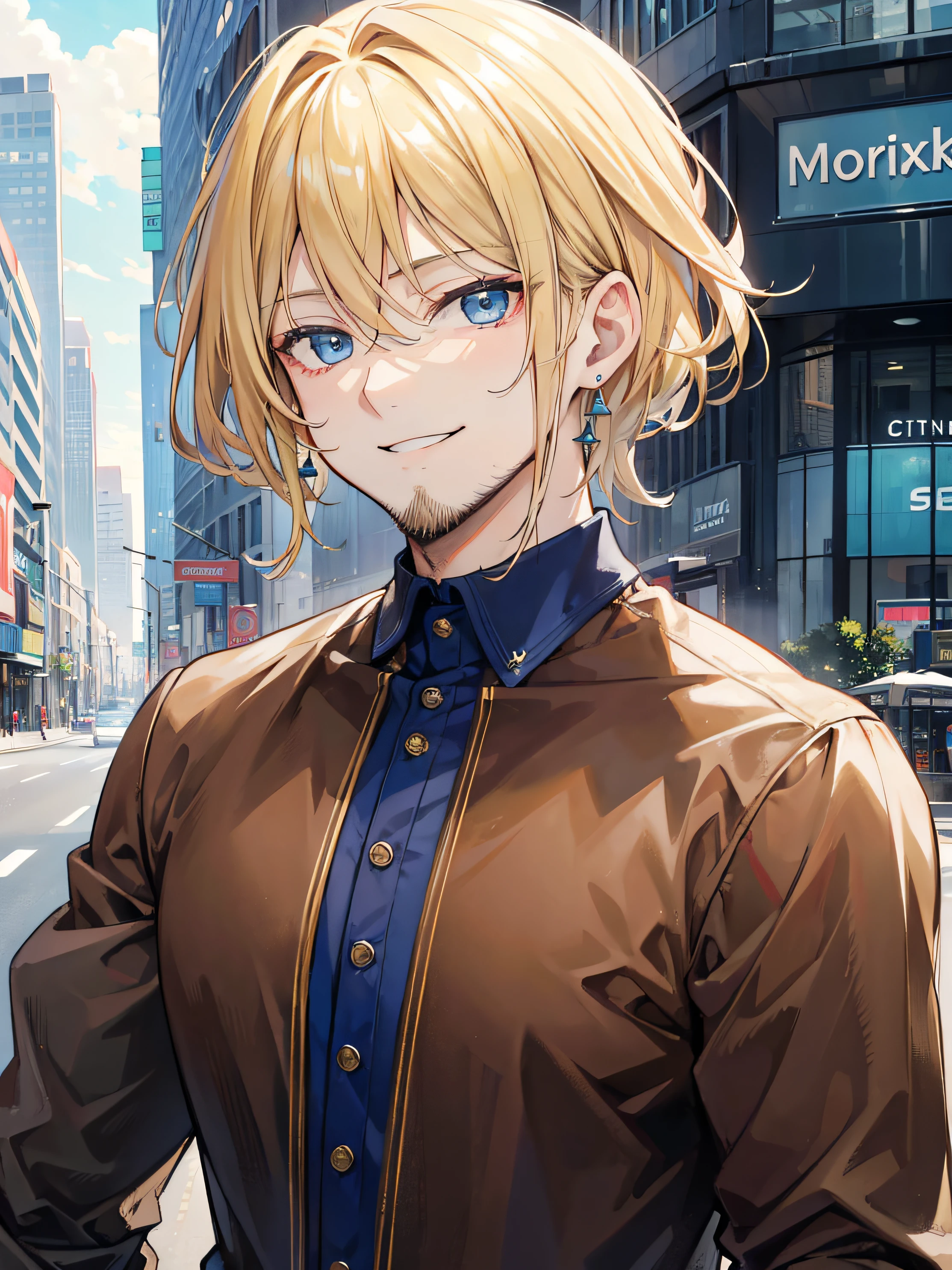 A man, smiling, handsome, with blonde hair and blue eyes, a brown beard, with earrings, wearing a dark green shirt, city , 8K, high res, ultrasharp, masterpiece, looking at viewer