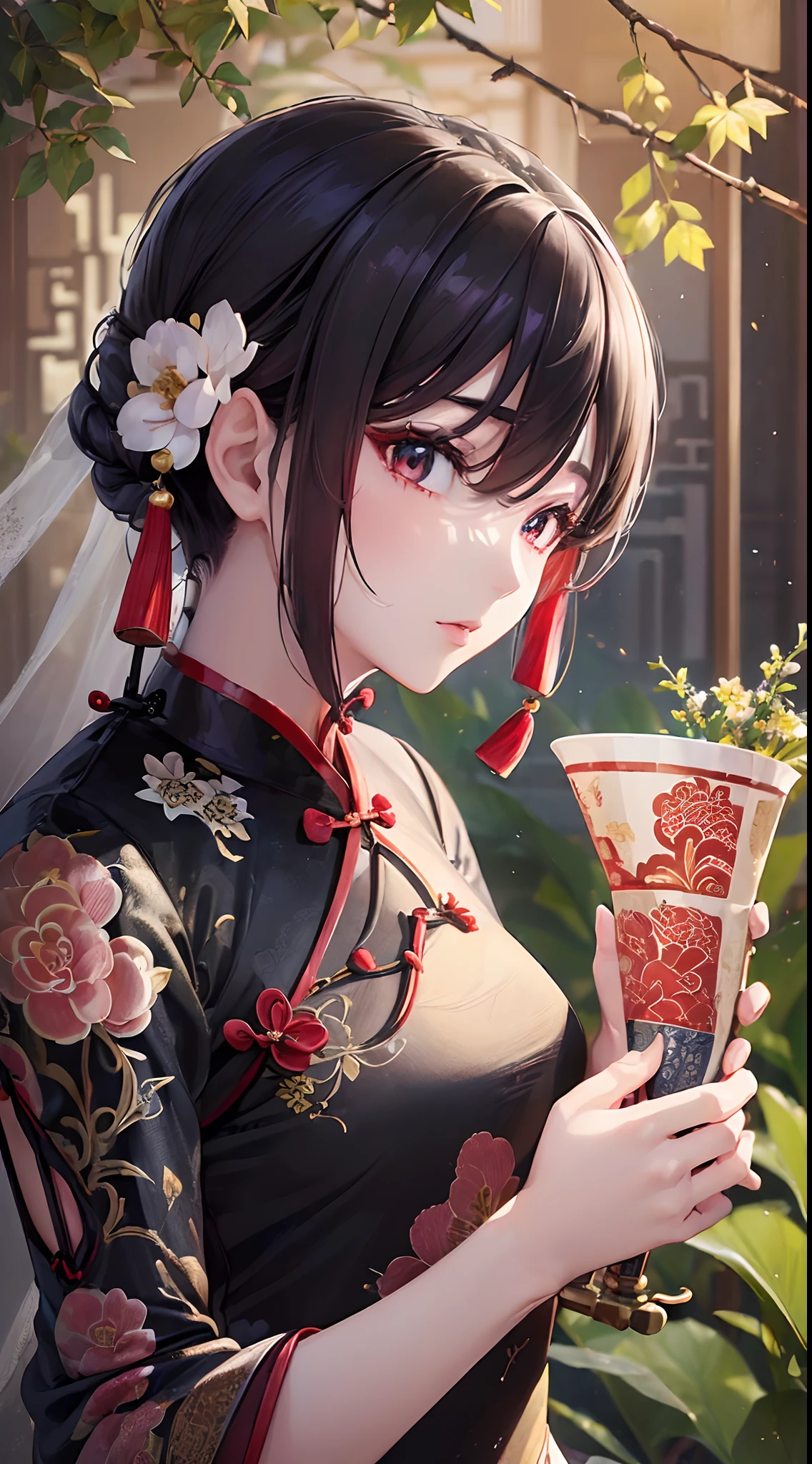((Finest quality)),(超A high resolution),(ultra-detailliert),(Meticulous portrayal),((Best Anime)),(Finest works of art),sharpnes,Clair,Ultra-Precision Art,The art of astounding depiction,Beautiful ink painting with intricate and intricate details:1.3, The murmur of the creek,trees,florals々, Ancient China, (Cheongsam with beautiful design with intricate and detailed:1.5)