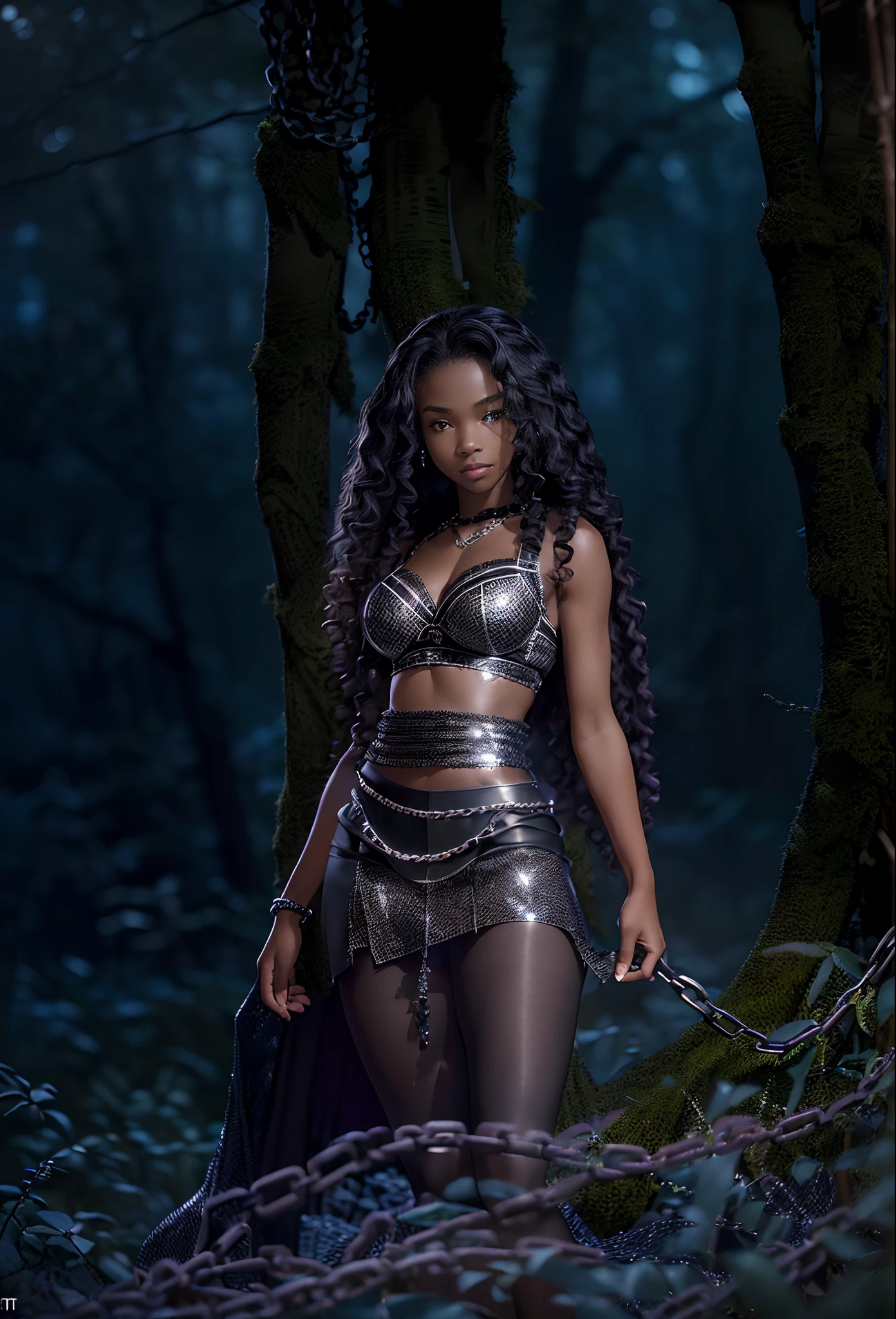 ((-yeld)))lack girl, (((light skin))), (((full body pose))), (((long curly black hair))), (((wearing tight chainmail micromini skirt, chainmail bra, open front cloak))), (((seamless, black, pantyhose))), standing in the dark woods at night, moonlight shining through the dense canopy, dark castle in the background, dark fantasy, Rich, Deep Colours, (intricate details:0.9), (HDR, hyper-detailing:1.2), (natural skin textures, hyper realisitc, glistening skin, soft light, Sharp),