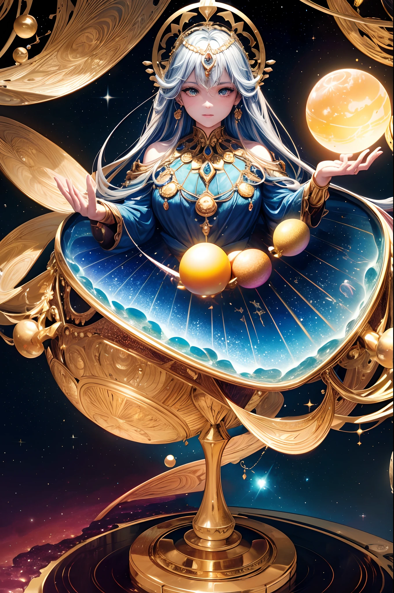 (best quality,4k,8k,highres,masterpiece:1.2),ultra-detailed,(realistic,photorealistic,photo-realistic:1.37),a dimension where Earth like planets are hatched from eggs covered in gold, silver and jewels laid out in fractal patterns, as the eggs hatch the planets are sent into different dimensions,glowing light,extravagant colors,fractal universe,treasure-like eggs,hatching planets,golden celestial bodies,polished silver orbs,sparkling gemstones,interdimensional travel,cosmic scenery,glimmering fractal patterns,fascinating textures,transcendent landscapes,jeweled tapestry,enchanted dimensions,mesmerizing spheres,mystical glow,diverse realms,majestic radiance,interstellar beauty,colorful universes,otherworldly wonders,transcendent realm,dazzling cosmic display,otherworldly eggs,celestial gemstones,fantastical creations,splendid radiance,dimension hopping,eggs of celestial origin,mystical birthplace,intergalactic artistry,cosmic craftsmanship,interdimensional marvels,exquisite details,surreal formations,celestial aesthetics,luminous splendor,illumination from within,extraordinary landscapes,fantastic universes