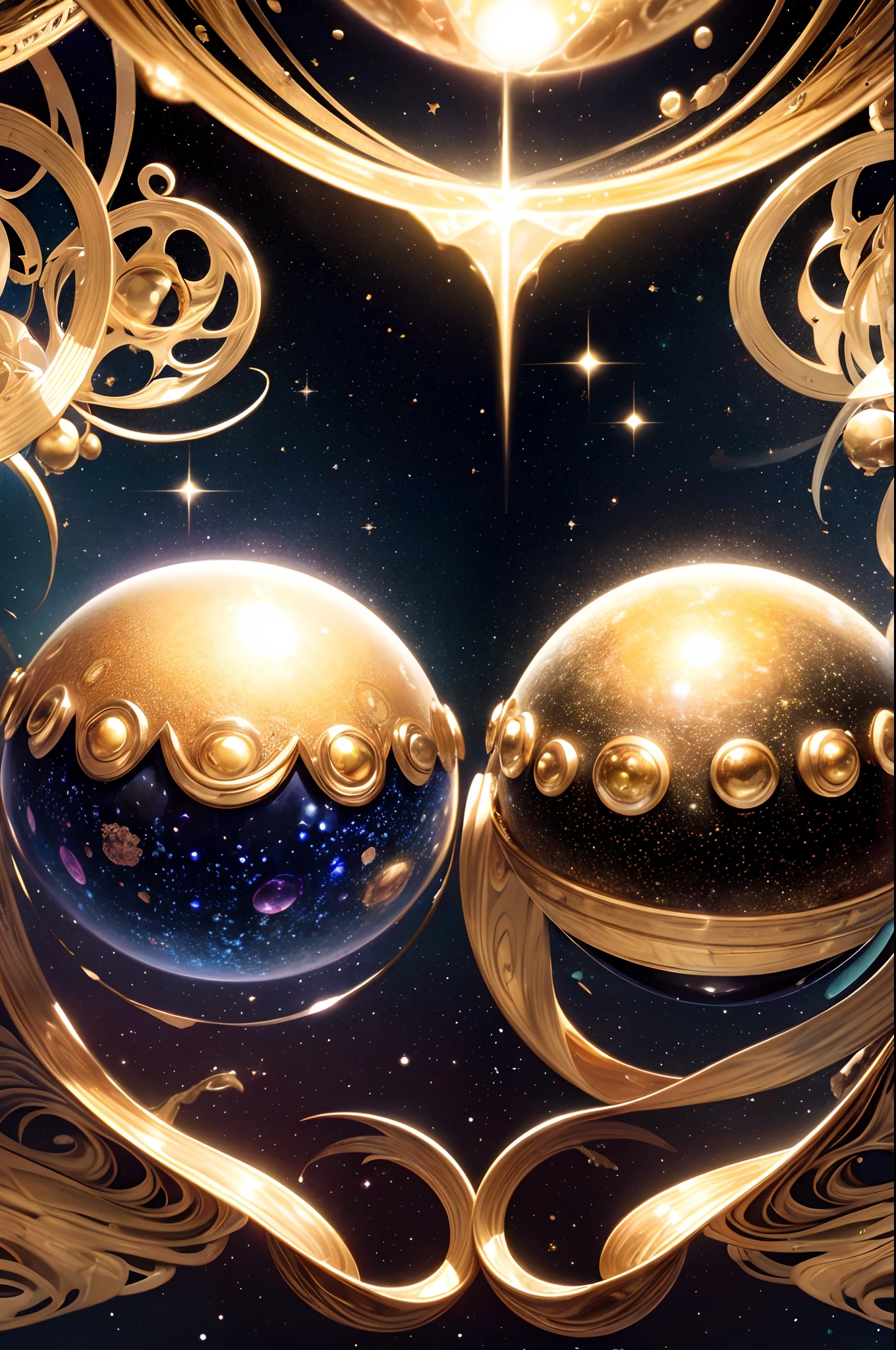 (best quality,4k,8k,highres,masterpiece:1.2),ultra-detailed,(realistic,photorealistic,photo-realistic:1.37),a dimension where Earth like planets are hatched from eggs covered in gold, silver and jewels laid out in fractal patterns, as the eggs hatch the planets are sent into different dimensions,glowing light,extravagant colors,fractal universe,treasure-like eggs,hatching planets,golden celestial bodies,polished silver orbs,sparkling gemstones,interdimensional travel,cosmic scenery,glimmering fractal patterns,fascinating textures,transcendent landscapes,jeweled tapestry,enchanted dimensions,mesmerizing spheres,mystical glow,diverse realms,majestic radiance,interstellar beauty,colorful universes,otherworldly wonders,transcendent realm,dazzling cosmic display,otherworldly eggs,celestial gemstones,fantastical creations,splendid radiance,dimension hopping,eggs of celestial origin,mystical birthplace,intergalactic artistry,cosmic craftsmanship,interdimensional marvels,exquisite details,surreal formations,celestial aesthetics,luminous splendor,illumination from within,extraordinary landscapes,fantastic universes