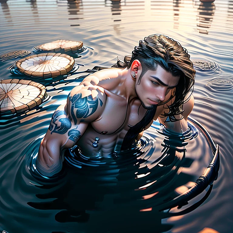 Nadador parado desnudo junto en al rio Una mezcla 3ntre pintura y fotografia , perfect composition, latino, Vista desde un lado y desde arriba, joven, Perfect anatomy, joven, latino, guapo, splendid, mirando fijamente al espectador, Tiro propioDescalzo, Esbelto, detailed muscles, nadador, parado junto al rio